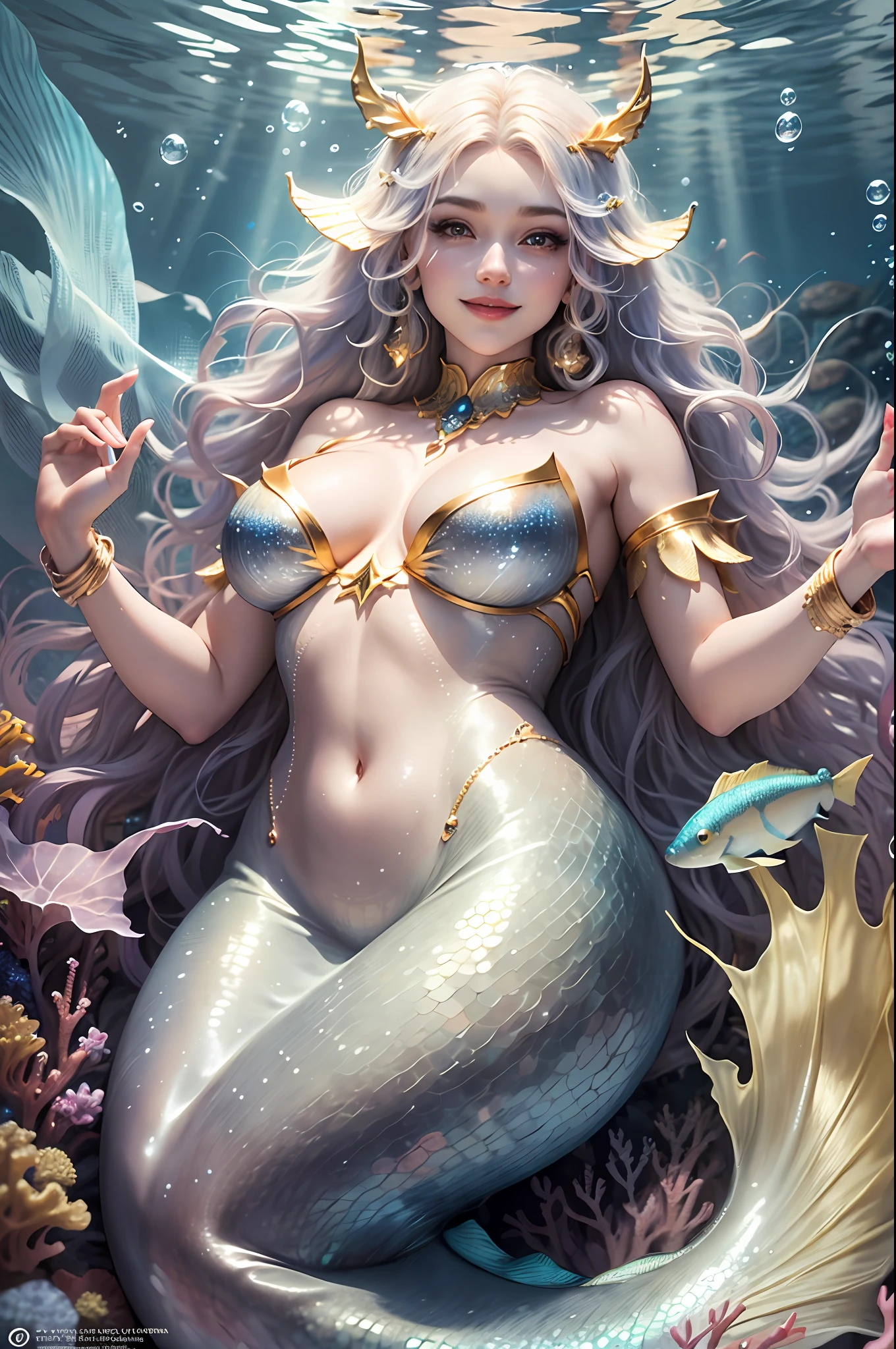 realistness，Wonders of the deep sea，The movie character Mermaid is covered in brilliant golden scales，Glittering，The ears are slender and delicate，Colorful bubbles，Structured，Full of special effects，Distinctive features，charming smile，complete fingers，24k，moist skin，Pose for the camera, underwater view, floating hair, busty, large breasts,