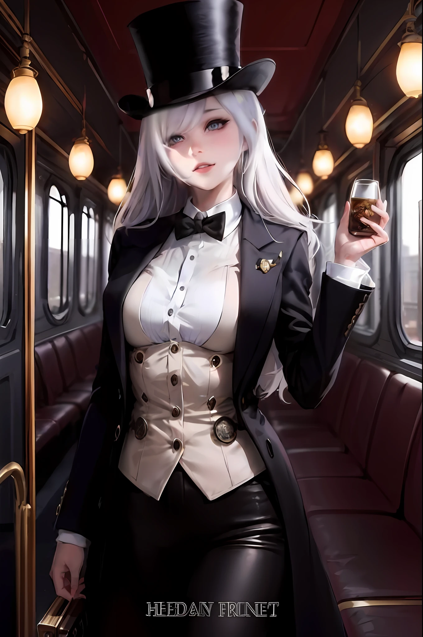 There's a woman in a top hat and jacket on a train, steampunk mulher anime bonita, cosplay glamouroso elegante, Anime Garota Cosplay, personagem de anime; arte de corpo inteiro, cosplay profissional, Anime cosplay, de ******s da linha de frente, cosplay glamouroso, anime mulher fullbody arte, steampunk aesthetic, Yoko Taro, cosplay ornamentado, epic and elegant portrait, Traje de alta qualidadearte oficial, Unity 8k papel de parede, ultra detalhado, handsome and aesthetic, belo, obra-prima, melhor qualidade, retrato, (finamente detalhado belos olhos: 1.2), shalltear, bonito, middlebreasts, pale skinned, (olhos azuis brilhantes: 1.1), cabelo grisalho longo, rabo de cavalo, (gorro, large hair tie: 1.2), (vestido preto babado: 1.2), (mangas longas: 1.1), pose cativante, arms at side, olhos azuis, sorriso, presa, blush,  Split lips, sedutores, lascivos, hand on own face, head tilt, (olhando para o espectador:1.1), parte superior do corpo, de cima, sala do trono,