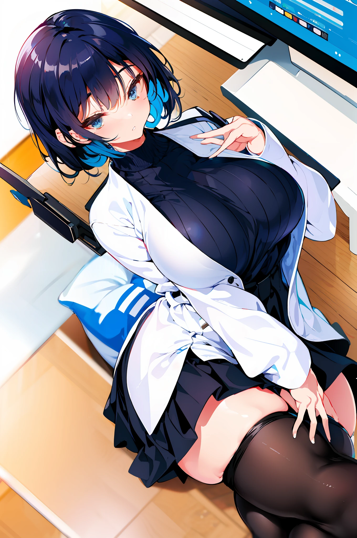 illustratio、(top-quality)、(((​masterpiece)))、(Hi-Res)、Original、(1womanl)、A sexy、Thick、Big body、校服、thighhigh,Miniskirt,