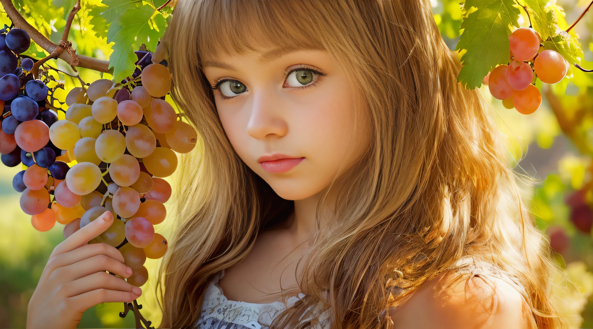 a girl BLONDE CHILD WITH LONG STRAIGHT HAIR, PORTRAIT, CLOSE UP, there are many black grapes hanging from a vine in a vineyard, grapes, wine, translucent grapes, yellow and black grapes, closeup translucent grapes, grape, 1/30, elaborate composition, thick and dense vines, best-selling, vineyard, high-quality product image", by Karl Völker, adult, f 2 0, Harvest, award-winning masterpiece
