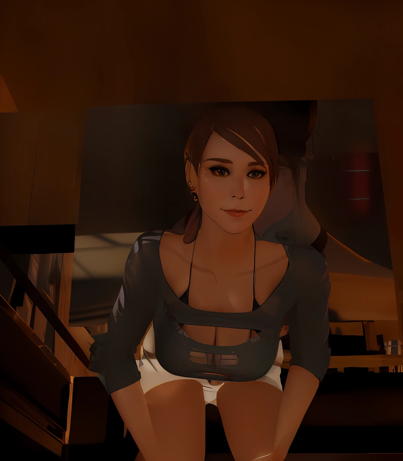 there is a woman that is sitting on a shelf in a room, second life avatar, !!posing_as_last_supper, secondlife, sitting at the bar, lacivious pose, upper body avatar, digital screenshot, close up half body shot, in the pub, thinking pose, casual pose, at a bar, sitting at a bar