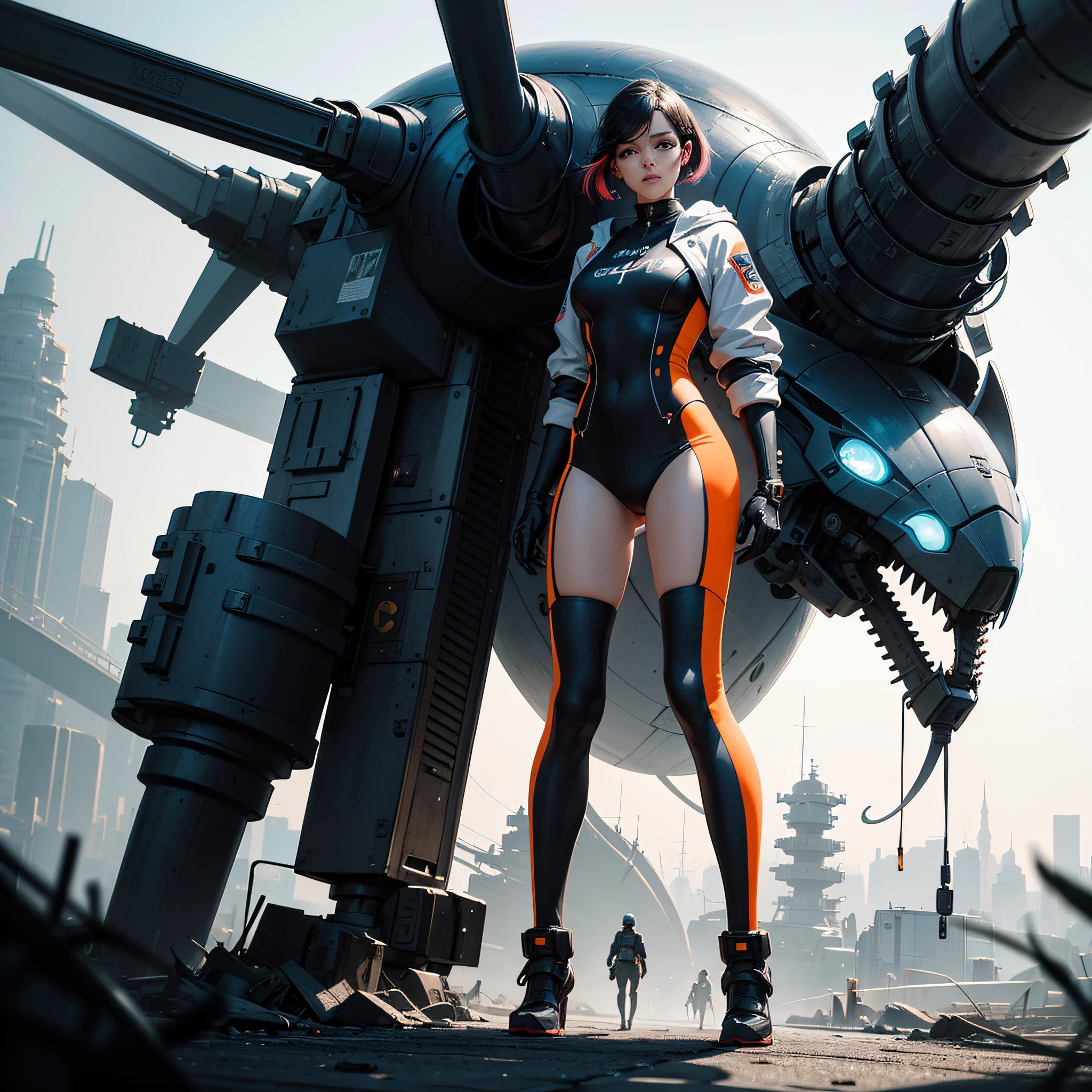 There's a woman standing next to an ultra-modern futuristic ship., objeto gigante, Bajo detalle. Pintura digital, WLOP y Krenz Cushart, cybernetic legs, inspirado por Craig Mullins, pies sensuales, pantorrillas contorneadas e ilustradas,  Awesome Digital Illustration, inspirado por Krenz Cushart, CGsociety 9, concept art digital illustration, Pintura digital retrofuturista, inspirado por Mike Winkelmann, en el fondo un ambiente futurista de un paisaje moderno colorido.  pattern, 2k, 2d, junquillo, Color rojo indio, color blanco, color negro, Neon yellow gray colors, con fondo blanco neon, blue neon, orange neon, red neon, pink neon, verde neon yellow neon, black, grey --auto