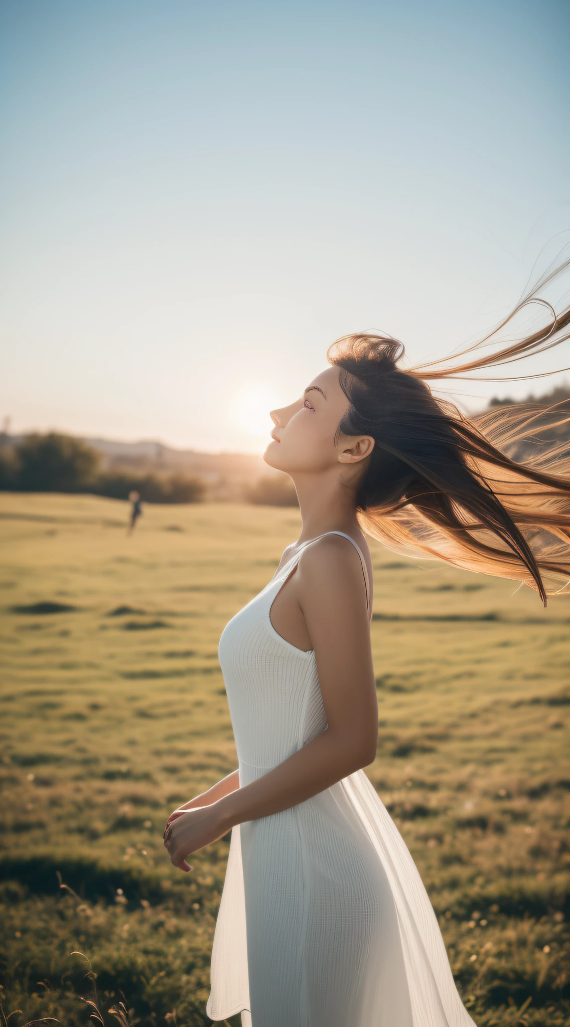 (8K、Raw photography、top-quality、masterpiece:1.2)、(realisitic、Photorealsitic:1.37)、ultra-detailliert、超A high resolution、1 fair-skinned girl、beautifull detailed face、grass field、is standing、Onepiece、((((The hem of the dress fluttering in the wind))))、((((Hair that flutters in the wind))))、Side view
