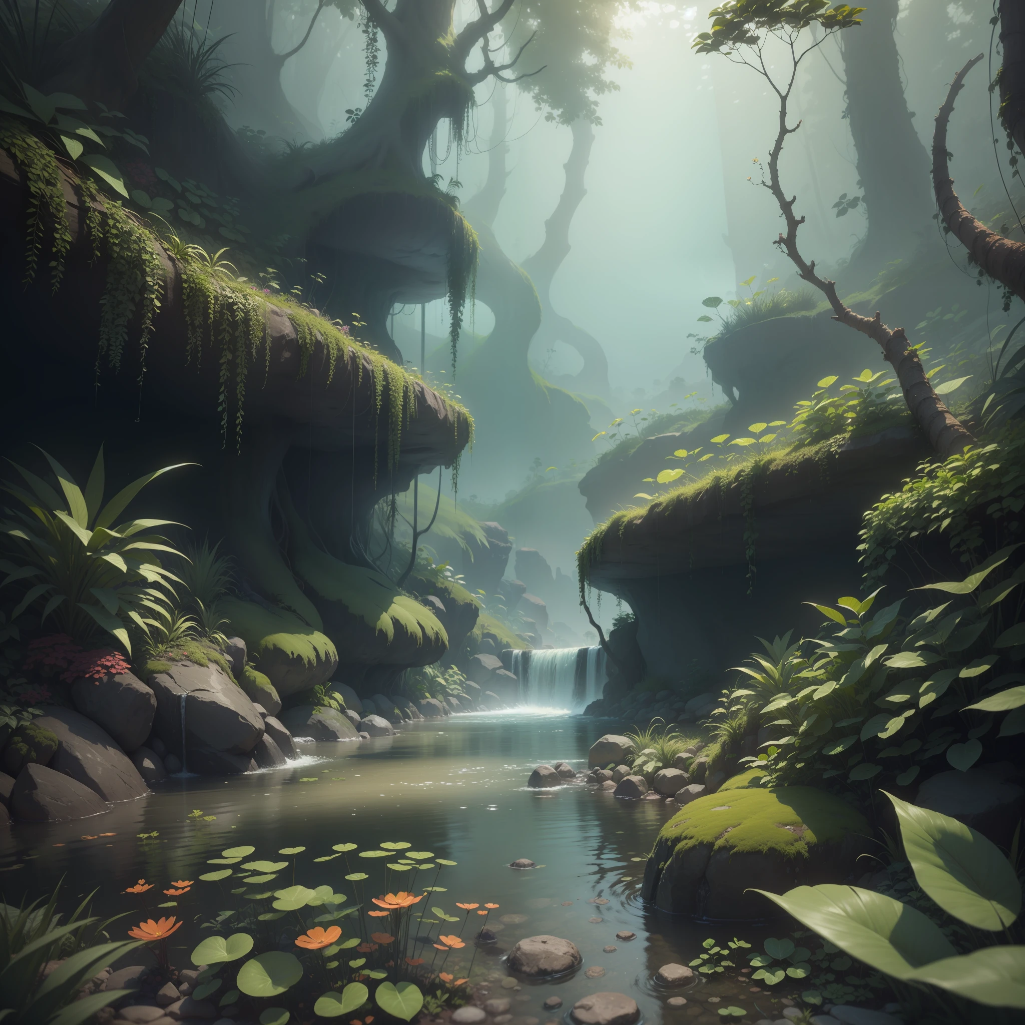 hyperdetailed underwater with peperomia quito and cattail emerging from ground of hyperdetailed rotten jungle with a stream flowing through it that glows like dark lighting, cinematic lighting, 8k, unreal engine, octane render, realistic