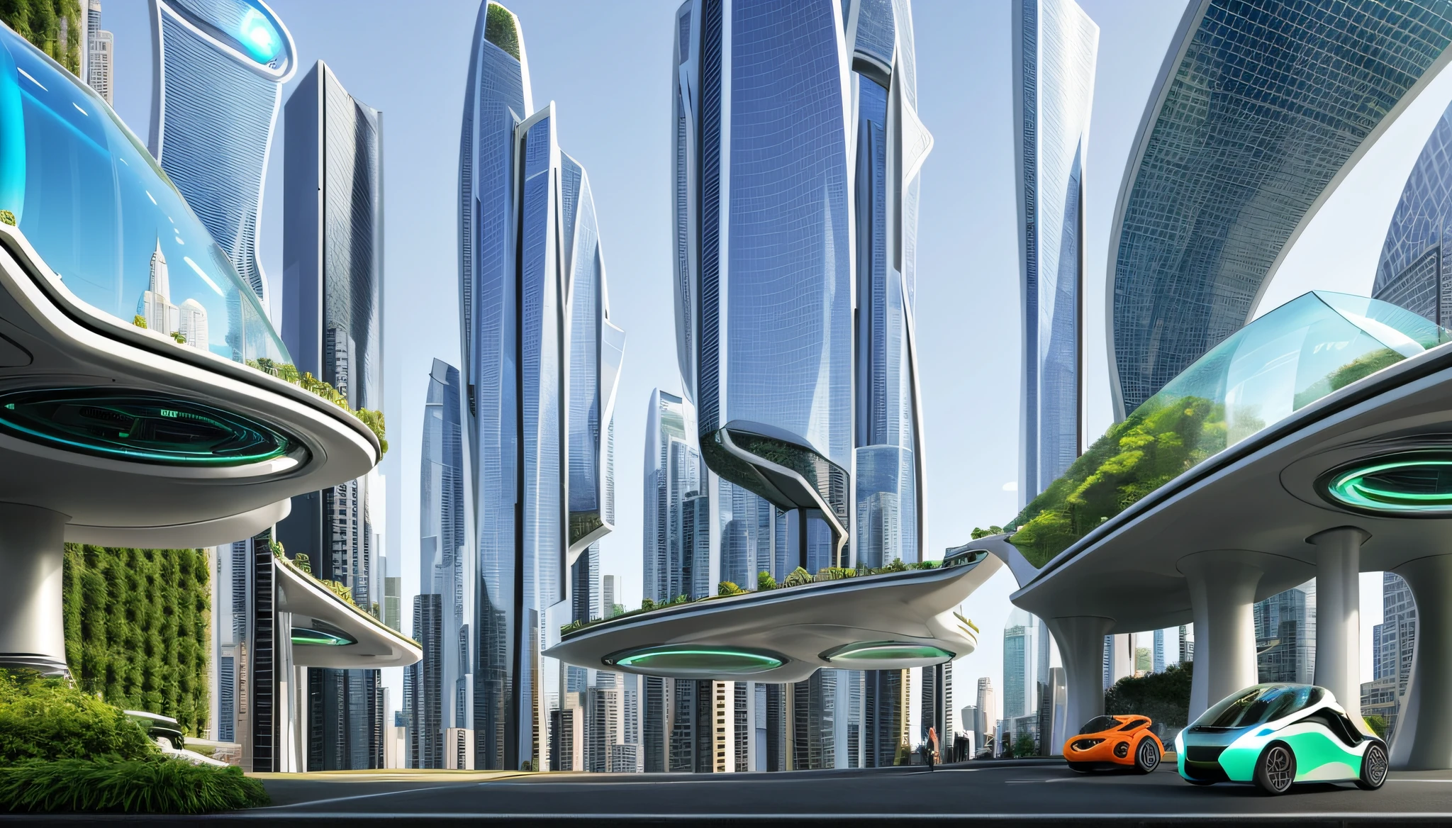 Imagine a futuristic scenario of a smart and sustainable city. The streets are filled with self-driving electric cars that move smoothly amid tall, modern skyscrapers. The buildings have glazed facades that reflect light, dando um toque futurista ao horizonte. Vertical gardens adorn the buildings, bringing a harmonious balance between nature and technology.