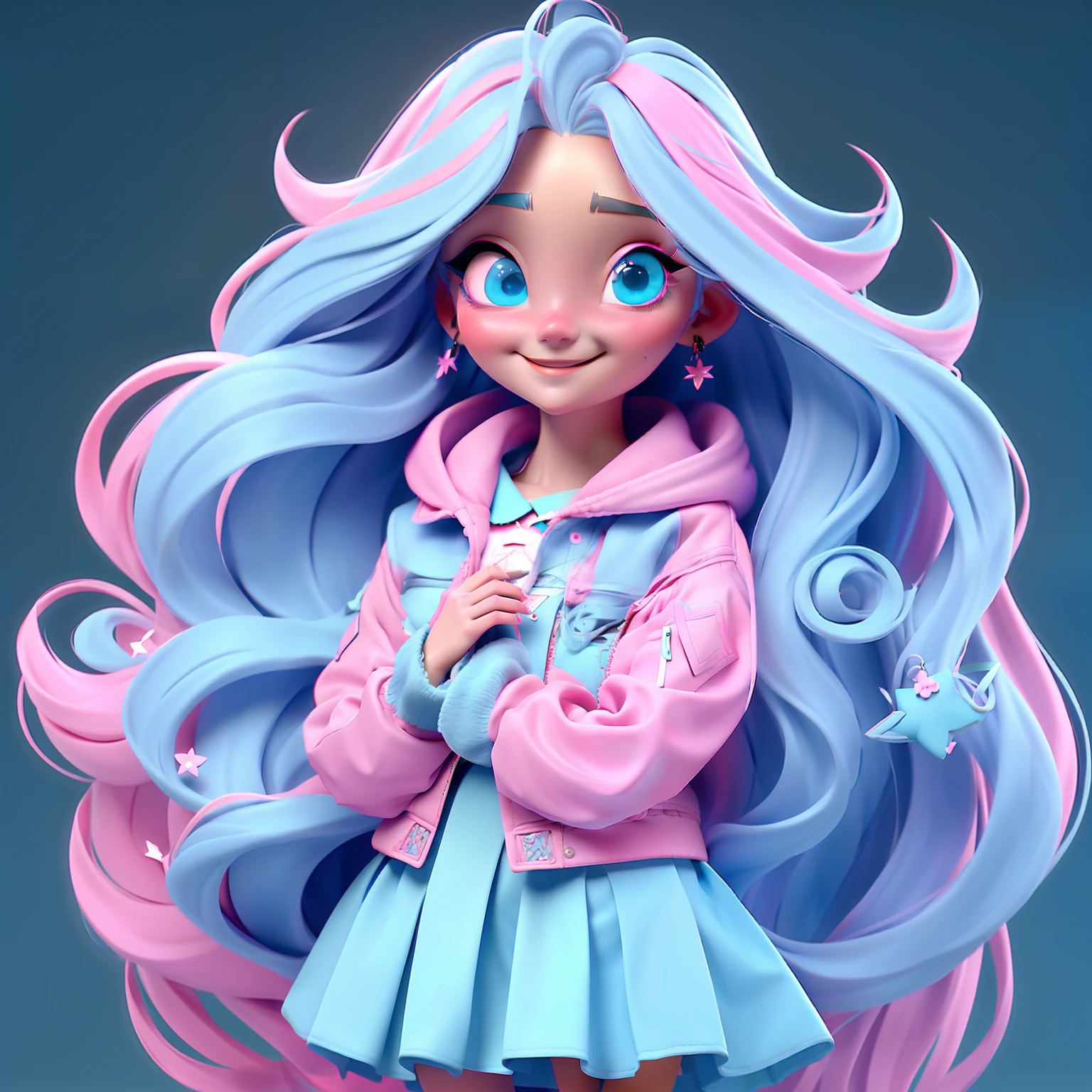 1girl, long hair, blue eyes, earrings, jewelry, solo, skirt, looking at viewer, PINK hair, smile, very long hair,star hair ornament, jacket, lips, simple background