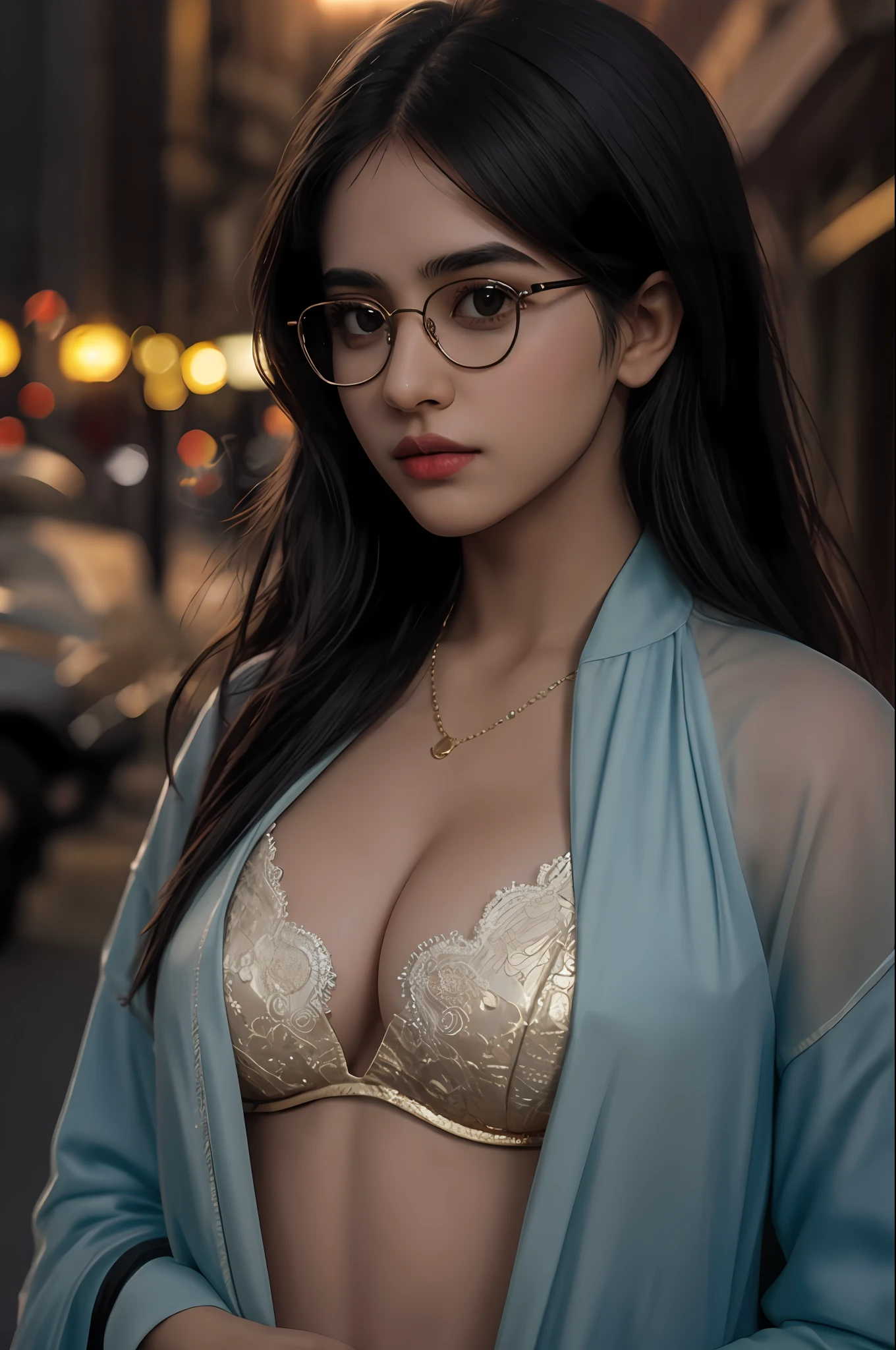 medium shot photo of a mix of (zainabt:0.8), women with glasses, and (sexy transparent sari:0.5) sks woman, (nice cleavage:1.1), intricate steampunk+ city, evening, dark, atmospheric, mist, best quality masterpiece, photorealistic, detailed, 8k, HDR, shallow depth of field, broad light, high contrast, backlighting, bloom, light sparkles, chromatic aberration, sharp focus, RAW color photo,