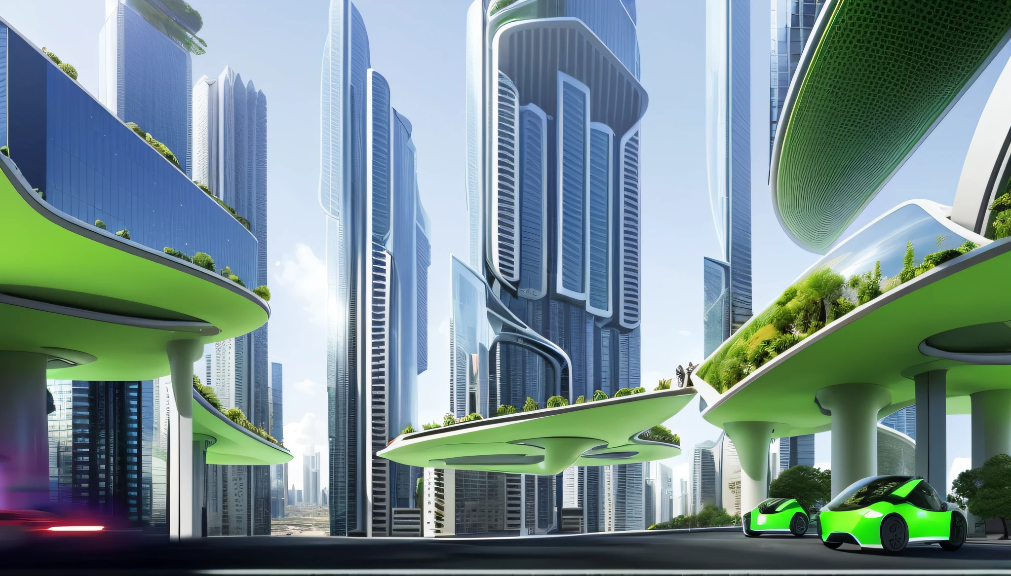 Imagine a futuristic scenario of a smart and sustainable city. The streets are filled with self-driving electric cars that move smoothly amid tall, modern skyscrapers. The buildings have glazed facades that reflect light, dando um toque futurista ao horizonte. Vertical gardens adorn the buildings, bringing a harmonious balance between nature and technology.