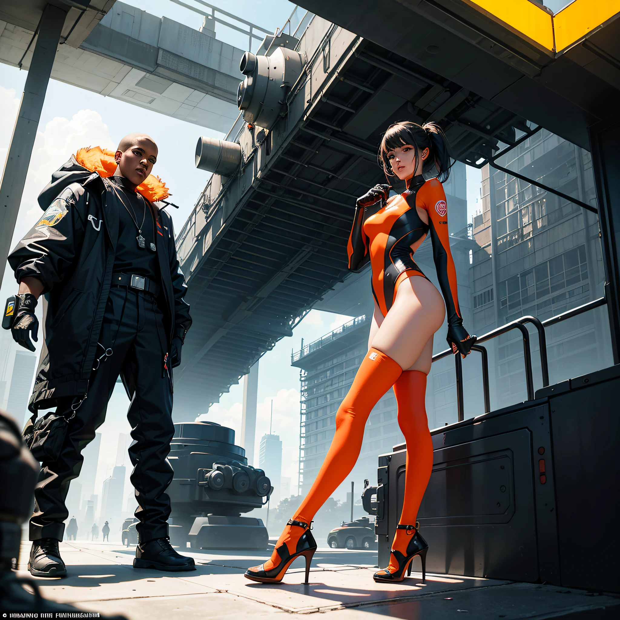 There's a woman standing next to an ultra-modern futuristic ship., objeto gigante, Bajo detalle. Pintura digital, WLOP y Krenz Cushart, cybernetic legs, inspirado por Craig Mullins, pies sensuales, pantorrillas contorneadas e ilustradas, Awesome Digital Illustration, inspirado por Krenz Cushart, CGsociety 9, concept art digital illustration, Pintura digital retrofuturista, inspirado por Mike Winkelmann, en el fondo un ambiente futurista de un paisaje moderno colorido. pattern, 2k, 2d, junquillo, Color rojo indio, color blanco, color negro, Neon yellow gray colors, con fondo blanco neon, blue neon, orange neon, red neon, pink neon, verde neon yellow neon, black, grey --auto