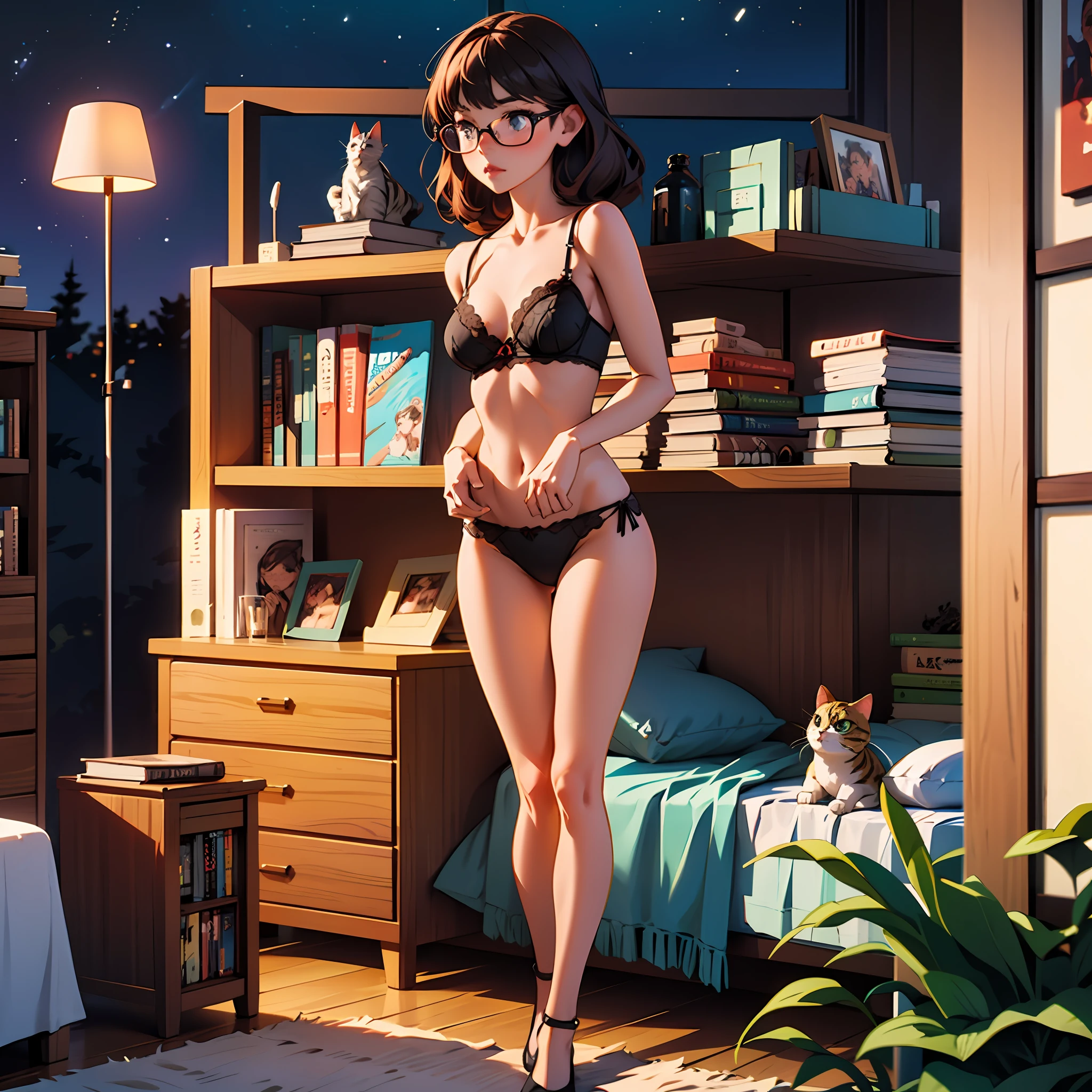 girl, full length, small breasts, shy, black lingerie, night, book room, cat on bed, glasses --auto