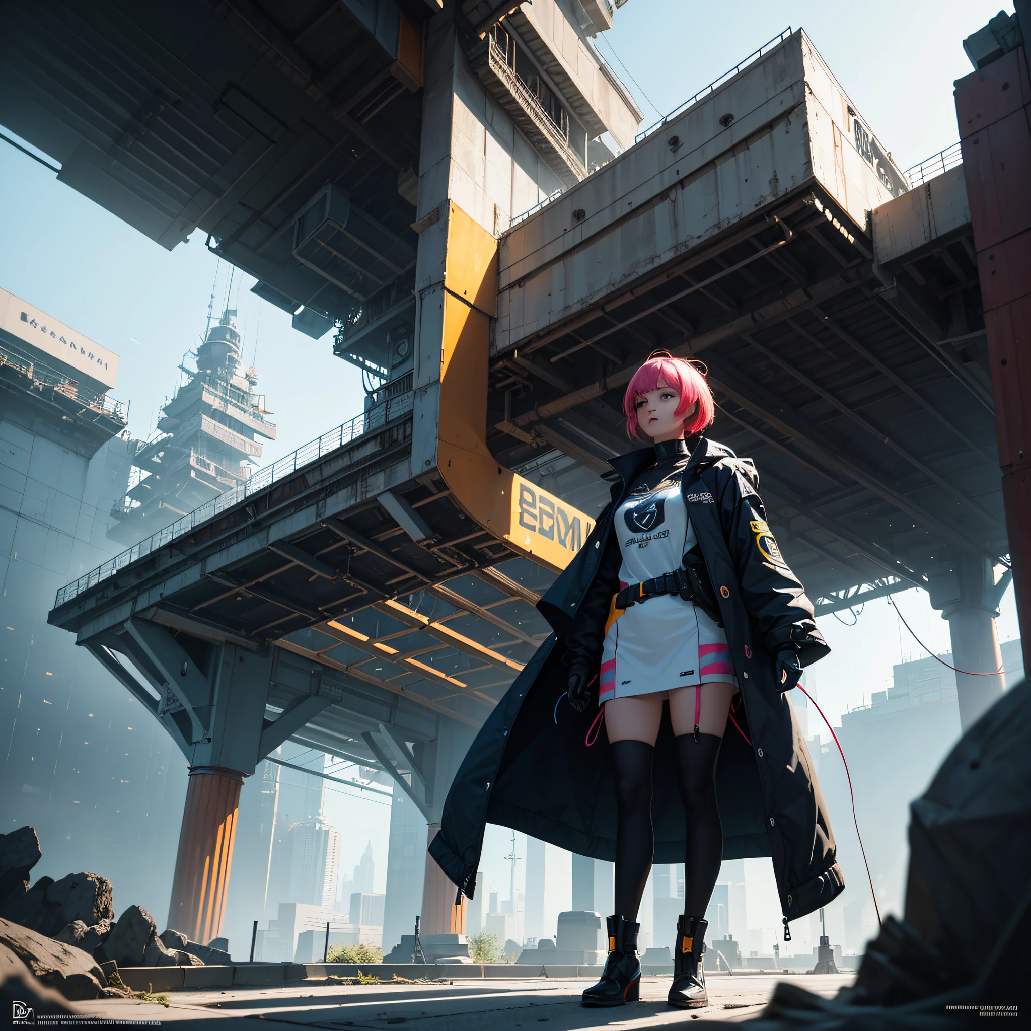 There's a woman standing next to an ultra-modern futuristic ship., objeto gigante, Bajo detalle. Pintura digital, WLOP y Krenz Cushart, cybernetic legs, inspirado por Craig Mullins, pies sensuales, pantorrillas contorneadas e ilustradas, Awesome Digital Illustration, inspirado por Krenz Cushart, CGsociety 9, concept art digital illustration, Pintura digital retrofuturista, inspirado por Mike Winkelmann, en el fondo un ambiente futurista de un paisaje moderno colorido. pattern, 2k, 2d, junquillo, Color rojo indio, color blanco, color negro, Neon yellow gray colors, con fondo blanco neon, blue neon, orange neon, red neon, pink neon, verde neon yellow neon, black, grey --auto