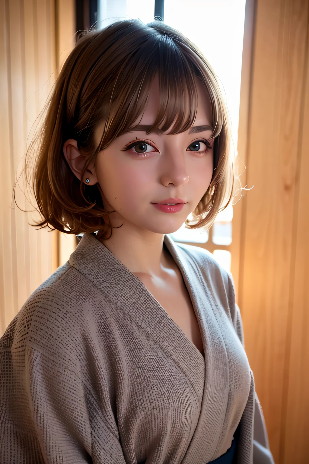 Close up photo of a girl、shorth hair、blonde  hair、Wearing a kimono、Japan Room、
top-quality、realisitic、Photorealsitic、(intricate detailes:1.2)、(delicate detail)、(ciinematic light、best quality backlight)、Clear Line、foco nítido、lifelike face、Detailed face
Unity 8K Wallpapers、超A high resolution、(Photorealsitic:1.4)、looking in camera、