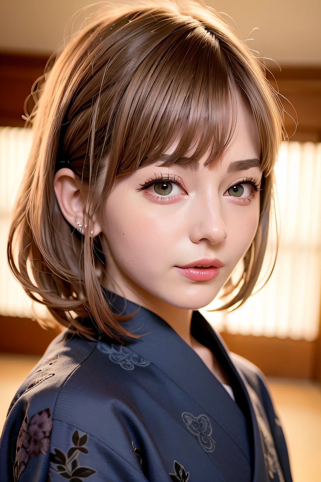 Close up photo of a girl、shorth hair、blonde hair、Wearing a kimono、Japan Room、
top-quality、realisitic、Photorealsitic、(intricate detailes:1.2)、(delicate detail)、(ciinematic light、best quality backlight)、Clear Line、foco nítido、lifelike face、Detailed face
Unity 8K Wallpapers、超A high resolution、(Photorealsitic:1.4)、looking in camera、