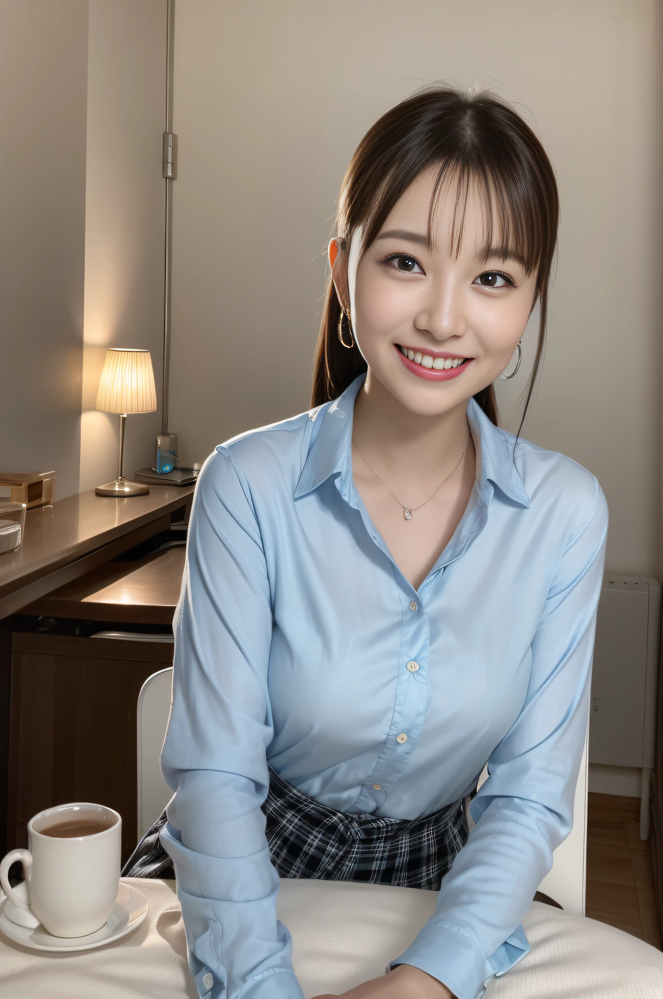 (8K、Raw photography、top-quality、​masterpiece:1.2)、(realisitic、Photorealsitic:1.37)、ultra-detailliert、超A high resolution、1 fair-skinned girl、beautifull detailed face、poneyTail、Flannel shirt、(glowing earrings)、A smile、open terrace、sit a chair、Tea on the desk