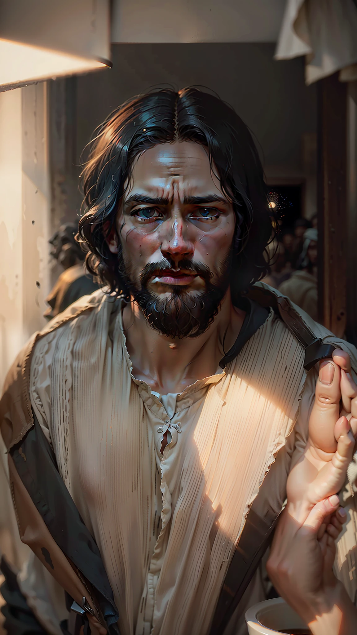 Jesus Christ, Jesus Christ of Nazareth. High detail, social realism, surrealism, depth of field, cinematic lighting, chromatic aberration, blurry, reflection light, ray tracing, JPEG artifacts, shadow, super detail, high detail, high quality, best quality, 16k --auto --s2