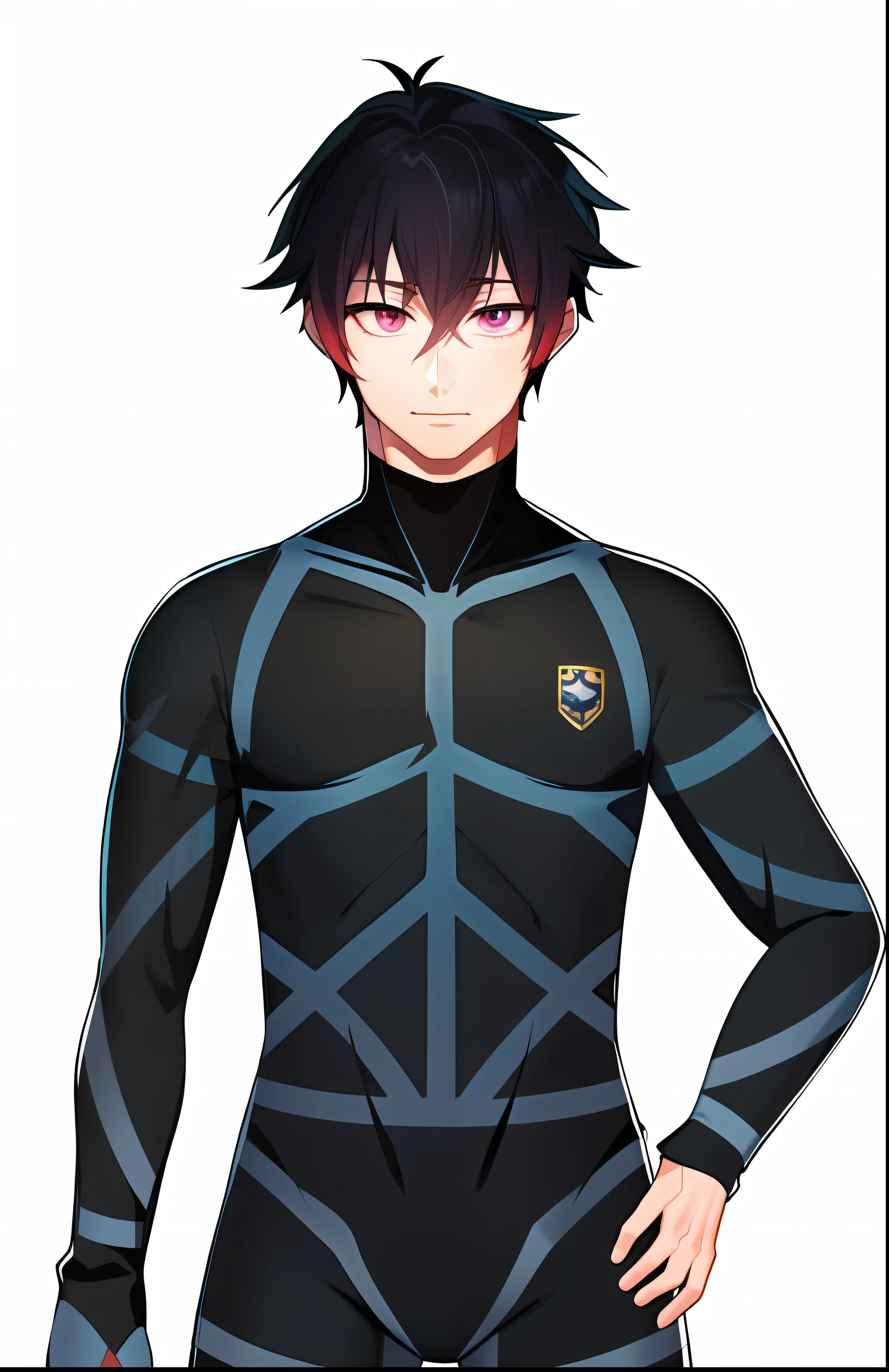 um homem de terno azul com um corpo listrado preto e branco, personagem de anime masculino, tall anime guy with pink eyes, young anime man, unique character full body, like an anime character, official character art, red hair, character based on manga work blue lock, itoshi rin blue lock, detailed, hd, cabelos vermelhos jogador de futebol
