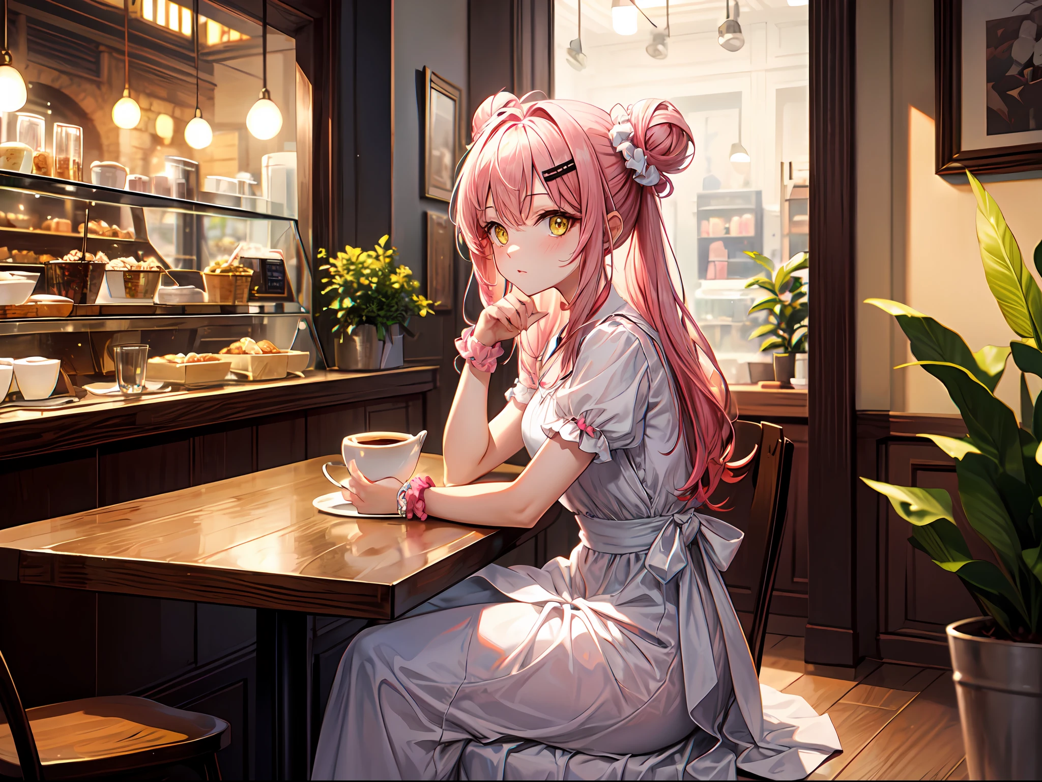 masterpiece , best quality, 1girl, solo, single side bun, pink hair, long hair, white dress, dress, wrist scrunchie,  hair bun,  scrunchie,  yellow eyes,  looking at viewer, hair ornament, upper body, sitting, indoors, cafe