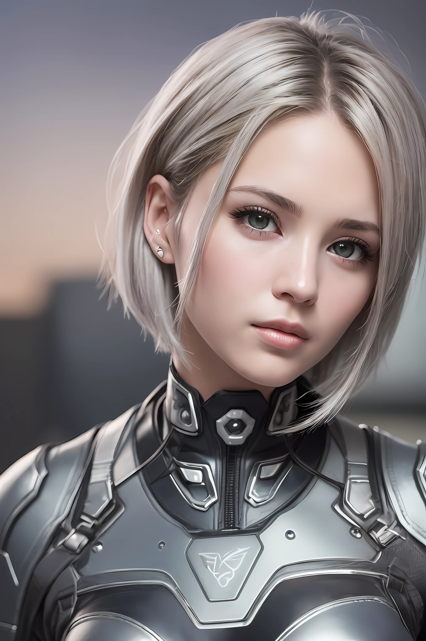 (8k, photorealistic, RAW photo, top quality: 1.4), (1girl), super beautiful, (realistic face), (boyish, silver-colored berry short hair), beautiful cyberpunk suit, glares seducing viewer, beautiful expression, beautiful breasts, (realistic skin), beautiful smile, (soldier), attractive, ultra high resolution, ultra realistic, high definition, spoiled