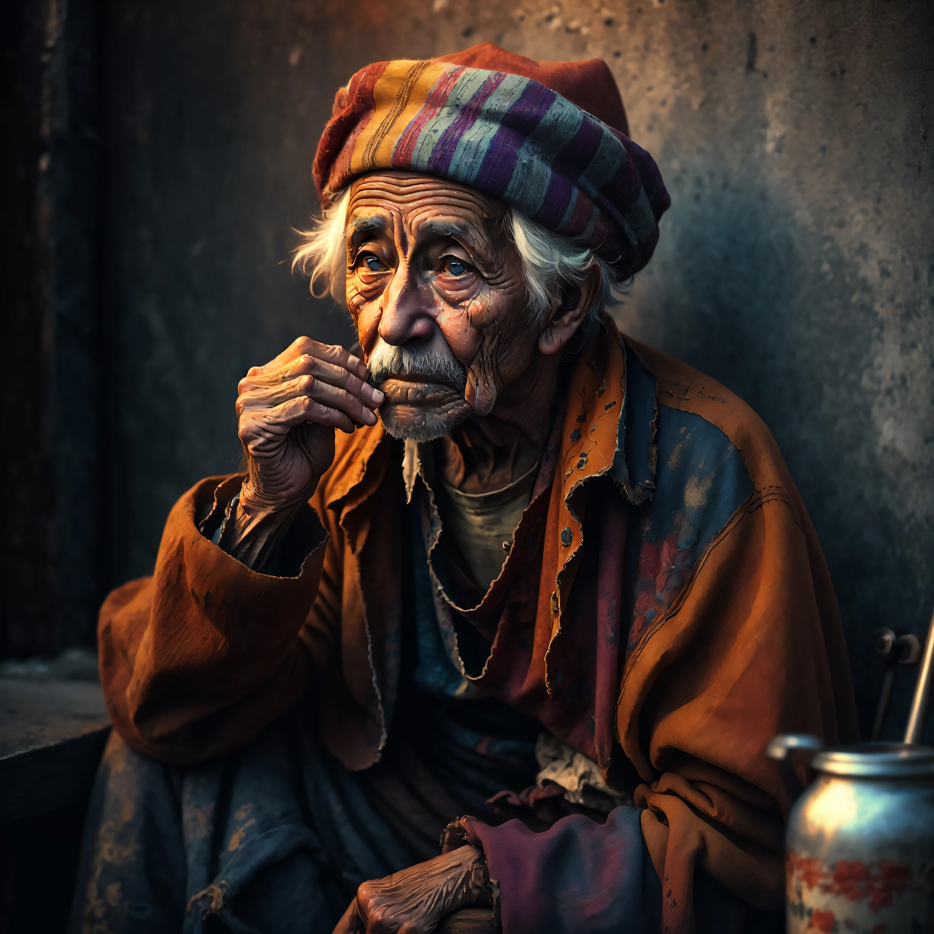 An old beggar, colorful,
yang08k, photography, beautiful, black background,
masterpieces, top quality, best quality, official art, beautiful and aesthetic, realistic,