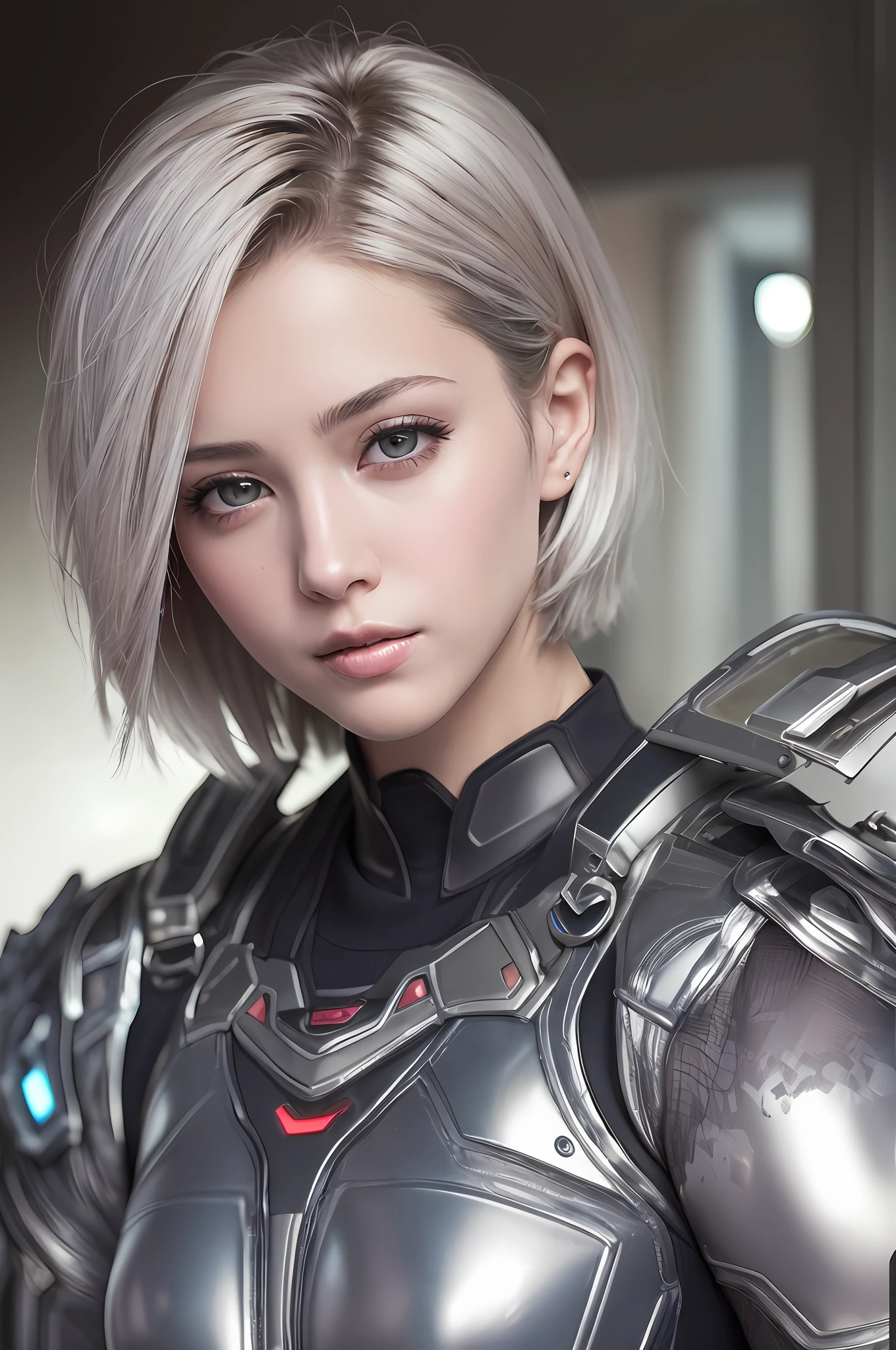 (8k, photorealistic, RAW photo, top quality: 1.4), (1girl), super beautiful, (realistic face), (boyish, silver-colored berry short hair), beautiful cyberpunk suit, glares seducing viewer, beautiful expression, beautiful breasts, (realistic skin), beautiful smile, (soldier), attractive, ultra high resolution, ultra realistic, high definition, spoiled