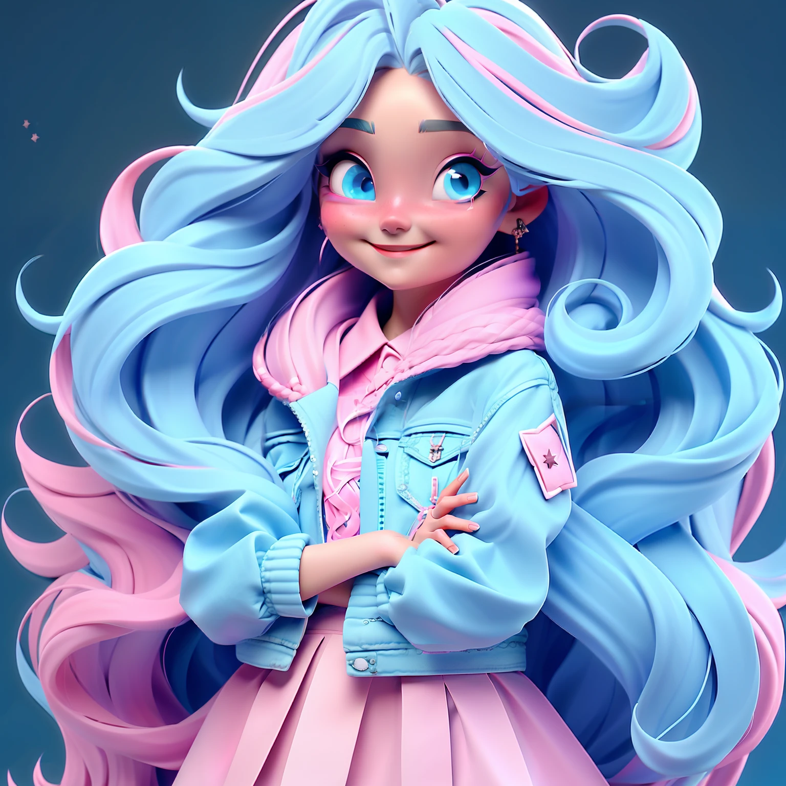 1girl, long hair,  blue eyes, earrings, jewelry, solo, skirt, looking at viewer,  PINK hair, smile, very long hair,star hair ornament, jacket, lips, simple background