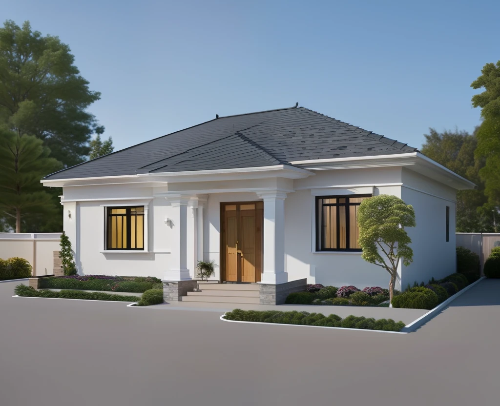 a drawing of a small house with slope roof, (brightenness:1.3), (morden:1.3)), (road:1.3), large space infront of, detail flower front perspective, frontview, perspective view, wide frontal view, front view, front-view, rendering, elevation view, front elevation view, all white render, sketch - up, frontal view, symmetrical front view, front facing view, front elevation, 3/4 front view, front side view,"A picture showcasing a captivating modern villa, featuring an expansive and well-ventilated yard adorned with vibrant flowers and flourishing trees."(RAW photo), highest quality, (masterpiece:1.2), High detail RAW color photo, extremely detailed CG unity 8k wallpaper, (photo realism:1.4), (highres), hyperdetailed, (photorealistic:1.2), (best quality:1.3),perfect anatomy, (exterior), model villa, super realistic , 32k, yellow flowers, green grass, fresh, ((open pose:1.1), yellow flowers, green grass, fresh, bright yellow sunshine, ((feeling of joy: 1.3)),
The lobby pillar is designed in a neoclassical motif with the base of the pillar covered with black granite, the roof neck is painted in coffee brown to create a pleasant feeling, 3 lightning rods, summer noon light