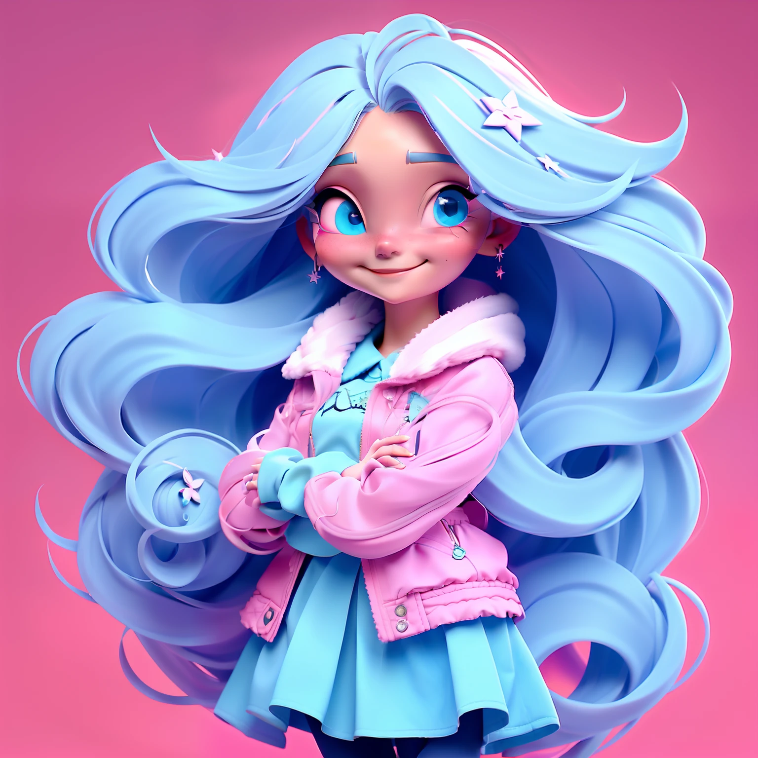 1girl, long hair, blue eyes, earrings, jewelry, solo, skirt, looking at viewer, PINK hair, smile, very long hair,star hair ornament, jacket, lips, simple background