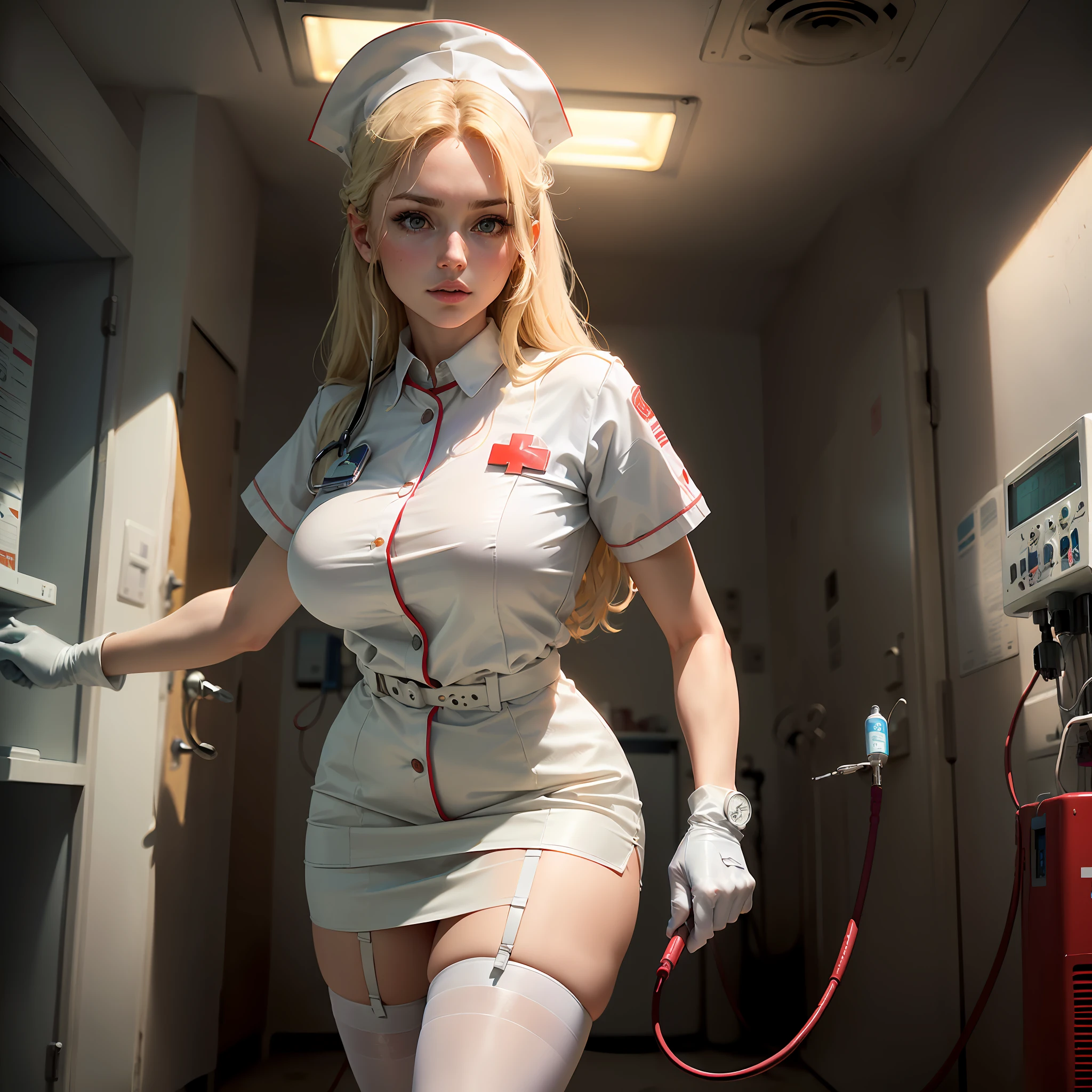 ((best quality, masterpiece)),((hyper realistic,8k, ultra realistic, bokhe, perfect art, super quality,mind blowing, super natural, 1woman, looking at viewer, nurse, (white and red leather nurse's uniform), short skirt, white gloves, nurse's cap, white garter stockings, syringe in hand, ((in the emergency room)), Operating lights on the ceiling, anesthesia machines, Defibrillators, blond insultingly long hair, shot from the ICU bed, leaning toward the viewer, soft lighting --auto