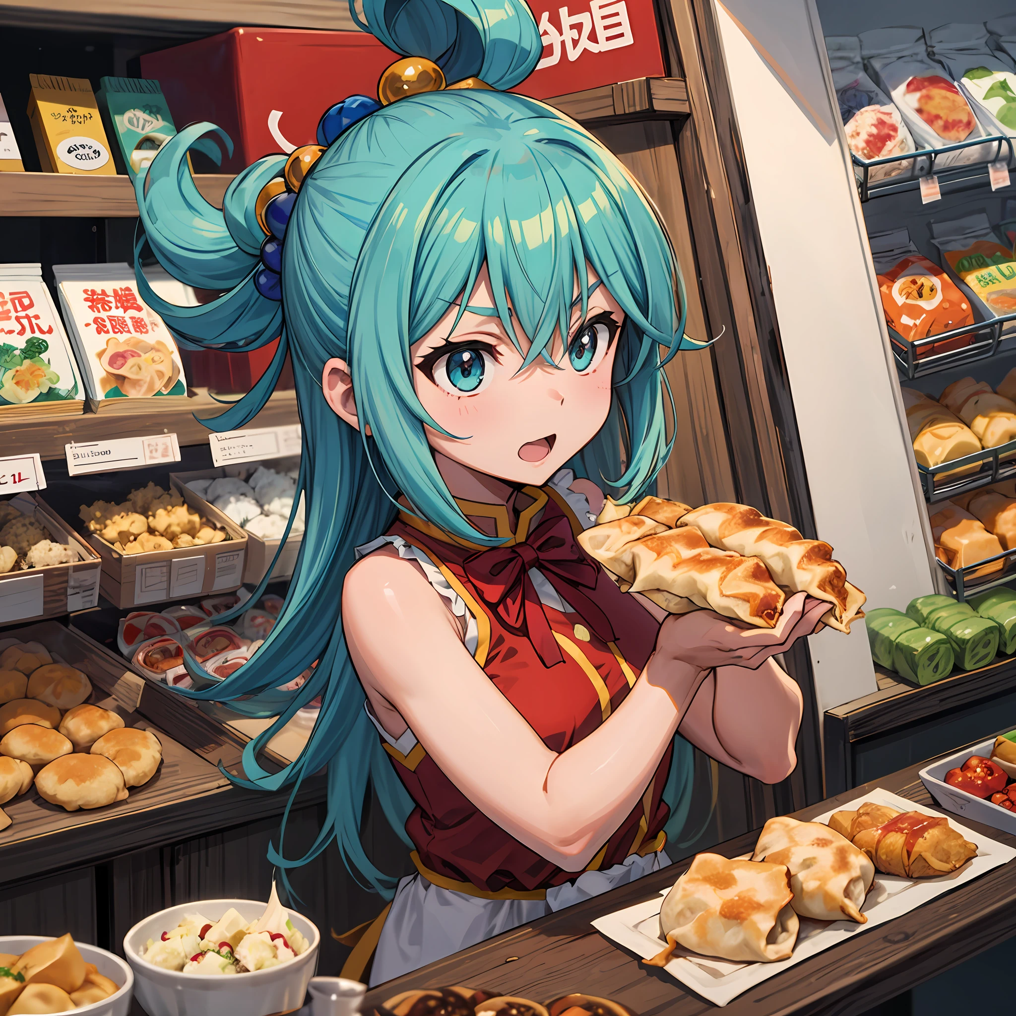(melhor qualidade: 1.4), anime konosuba, solo, aqua no supermercado gyoza bolinhos jiaozi