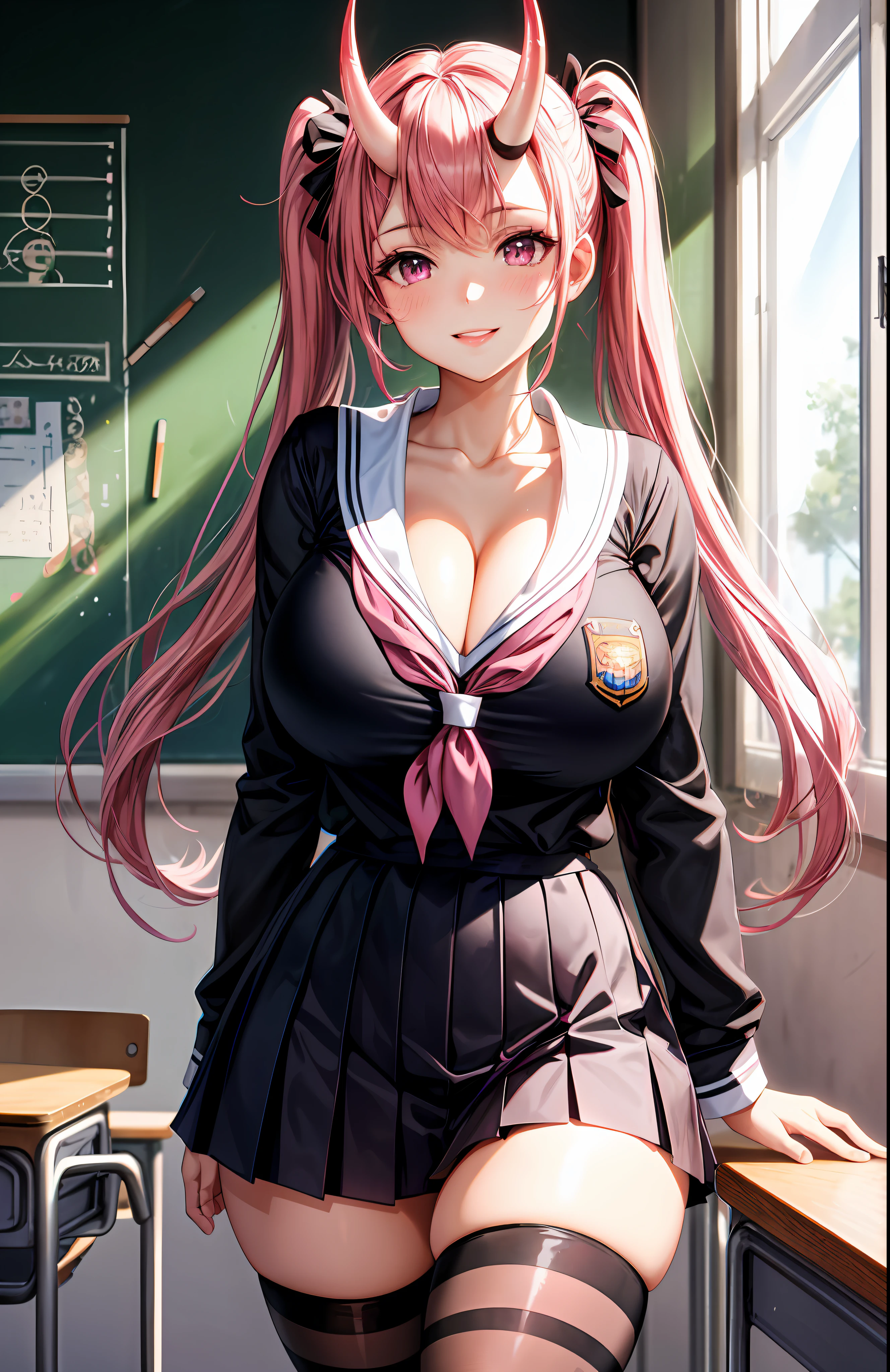 1girl, pink hair, detailed pink eyes, parted lips, blush, makeup, light smile, school uniform, classroom, light rays, glow, thighs, collarbone, narrow waist, (masterpiece), wallpaper, black oni horns, huge breasts, twin tails, long pig tails, striped thigh highs