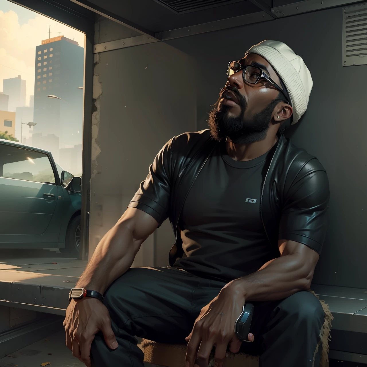 a black man, bearded,  with glasses, 
with cap, in gta sytle , ilustration --auto
