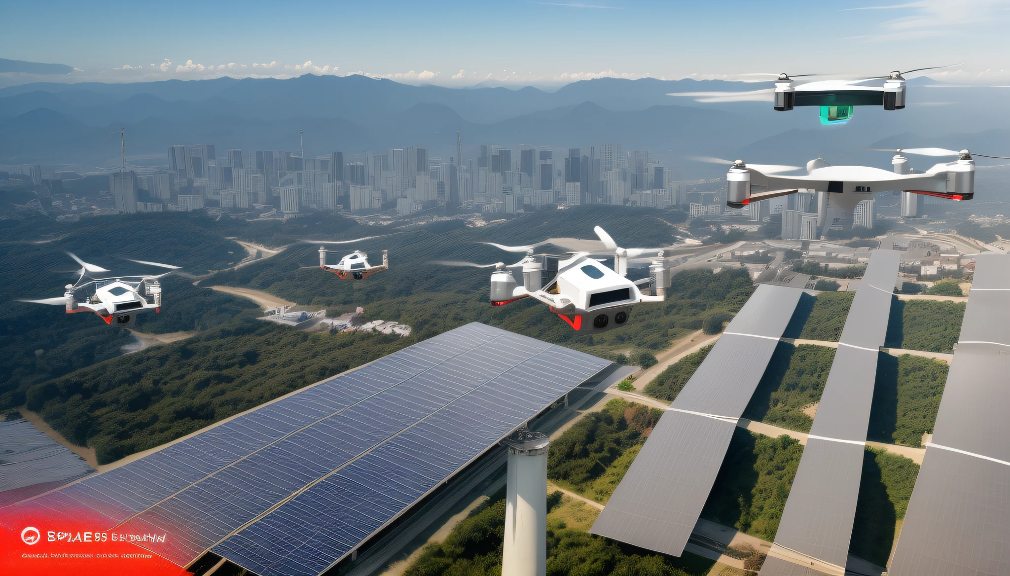 in sky, drones voam em sincronia, entregando pacotes e monitorando a cidade em busca de eventuais problemas. Power for the entire city is generated by solar panels and wind turbines, making it completely self-sustaining.