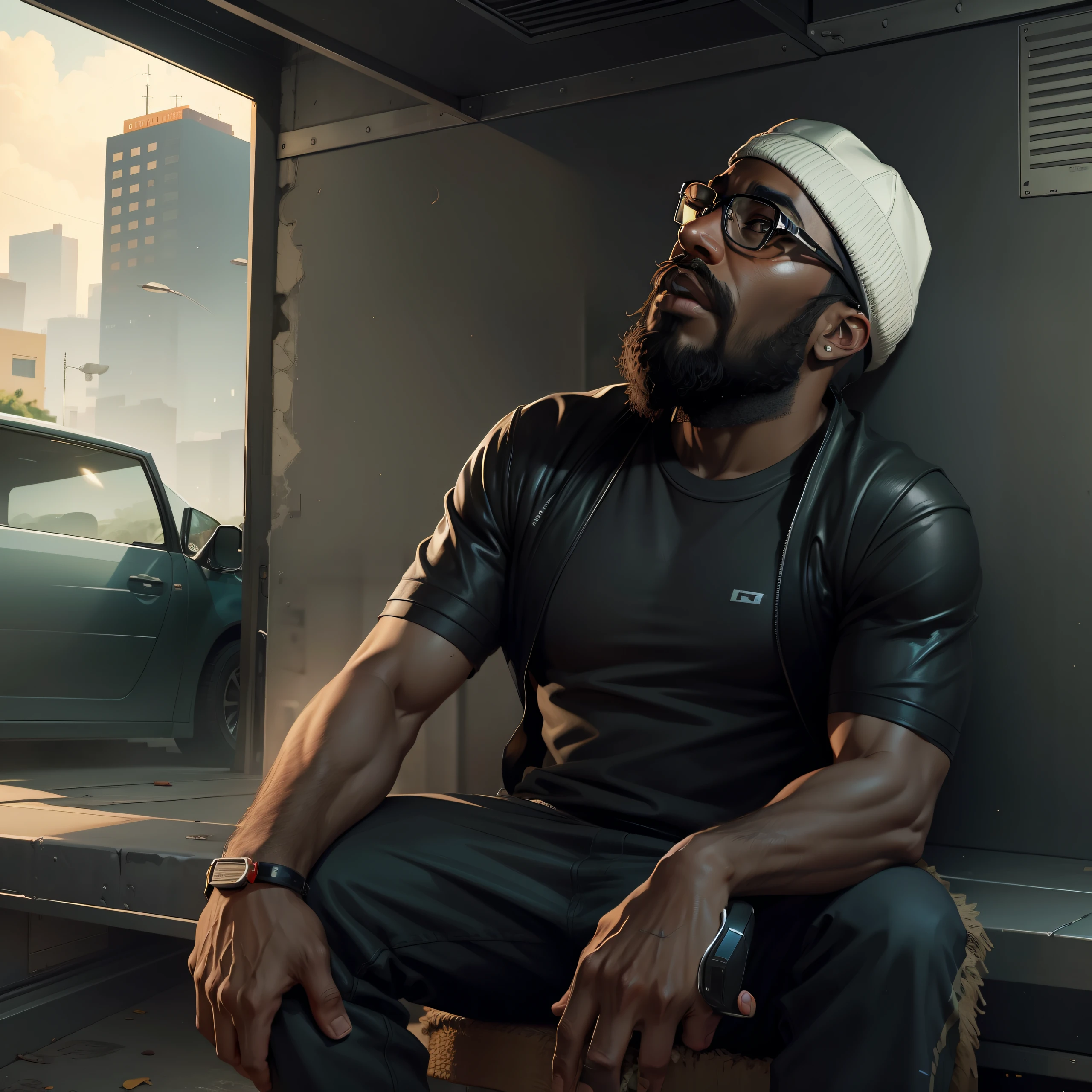 a black man, bearded, with glasses,
with cap, in gta sytle , ilustration --auto