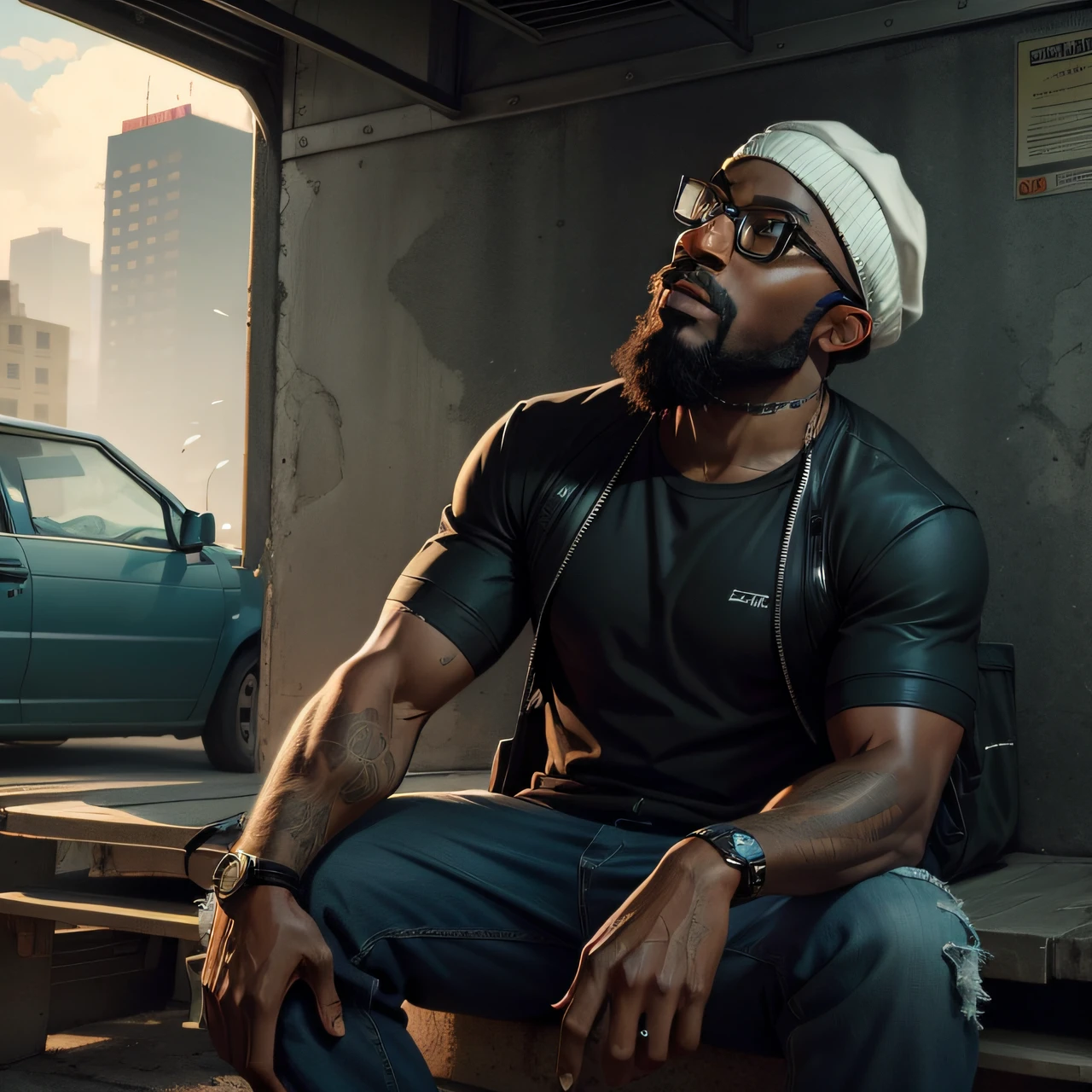 a black man, bearded,  with glasses, 
with cap, in gta sytle , ilustration --auto