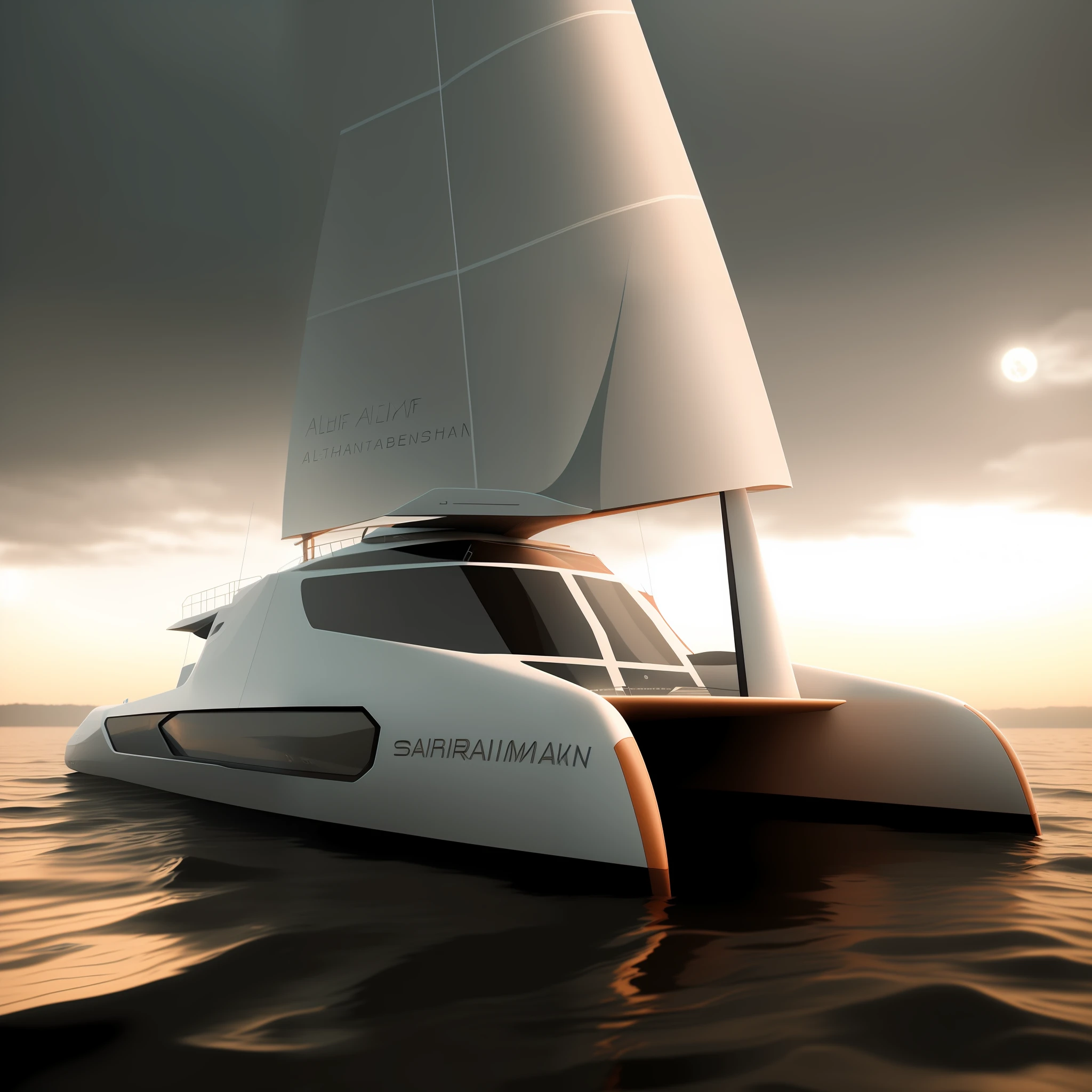 there is a white sail boat with a sail on the water, concept boat, moonray render, an iron man concept yacht, rendering of checkmate, by Aleksander Gierymski, cgi rendering, highly rendered, stunning high tech, semi - realistic render, concept render, high res render, sail made of human skin, by Jakob Gauermann