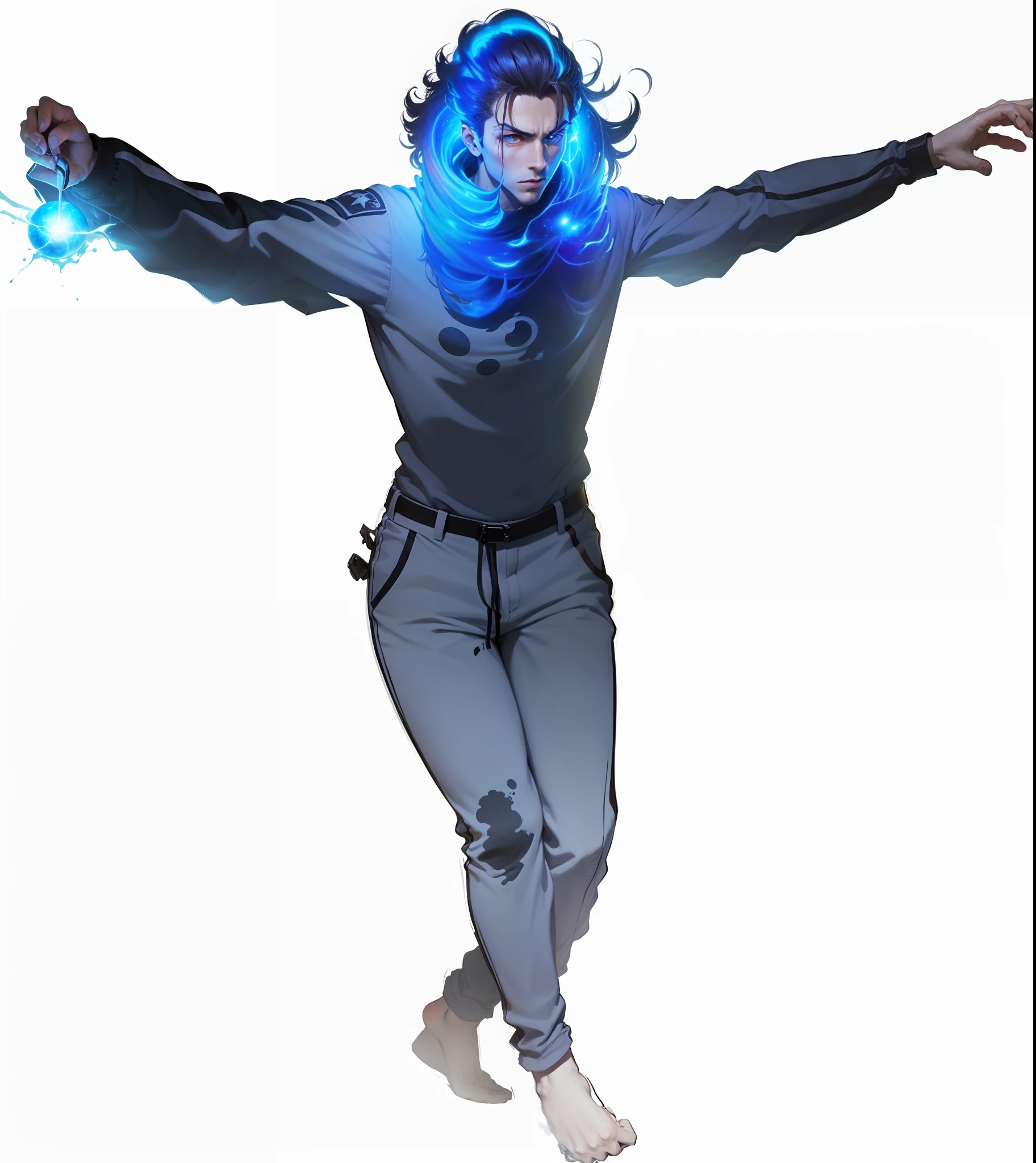 ((The character exudes a strong adolescent Portuguese male charm) + Estilo anime Prison School, + apresentando seus superpoderes, coronal mass ejection style, + palm of the hand, + fios dos cabelos radioativo s, as a neutron star, adicionar um fundo de nebulosas.)