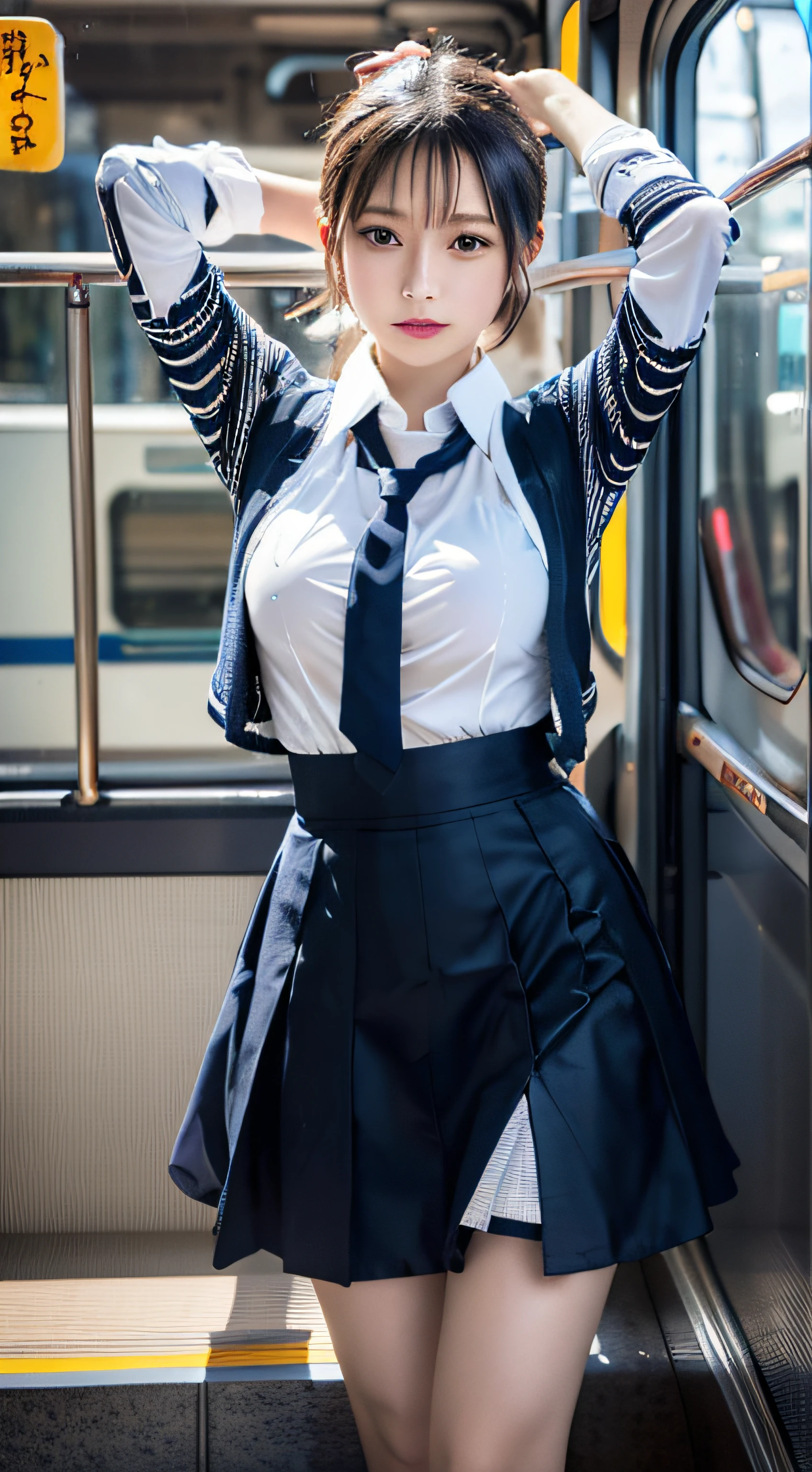 masutepiece, Best Quality, japanaese girl, 8K, Raw photo, top-notch quality, masutepiece, nffsw:1.2, exceptionally detailed RAW color photo, professional-grade photograph, (Realistic, Photorealistic:1.37), (highly detailedskin:1.2), Ultra-high resolution, (lenz 50mm),japanaese girl、a 18 year old girl、Pull Shorthair、blondehair、bangss、Brown-eyed、Perfect figure、Transparency、The sheen、Gloss、discreet breasts、校服、Navy blue ribbon、Light blue shirt、Navy blue skirt、Hikaru、Burning Body、hposing Gravure Idol、on train、Beautiful feet、Strong sunshine、Odious、Rain-drenched body、女優、Gravure idol posing、乃木坂アイドル、韓国アイドル,place one's arms behind one's back,Raise both arms,(Aside)
