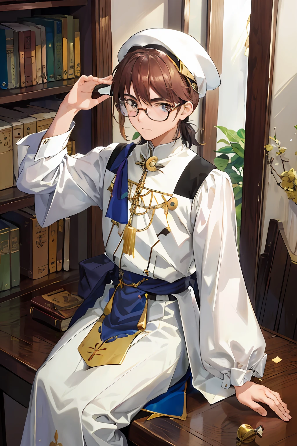 (obra-prima:1.4), (melhor qualidade:1.4), realista, 1man, Chico Xavier \(fate\), long white tunic, biblioteca, velho, wearing goggles