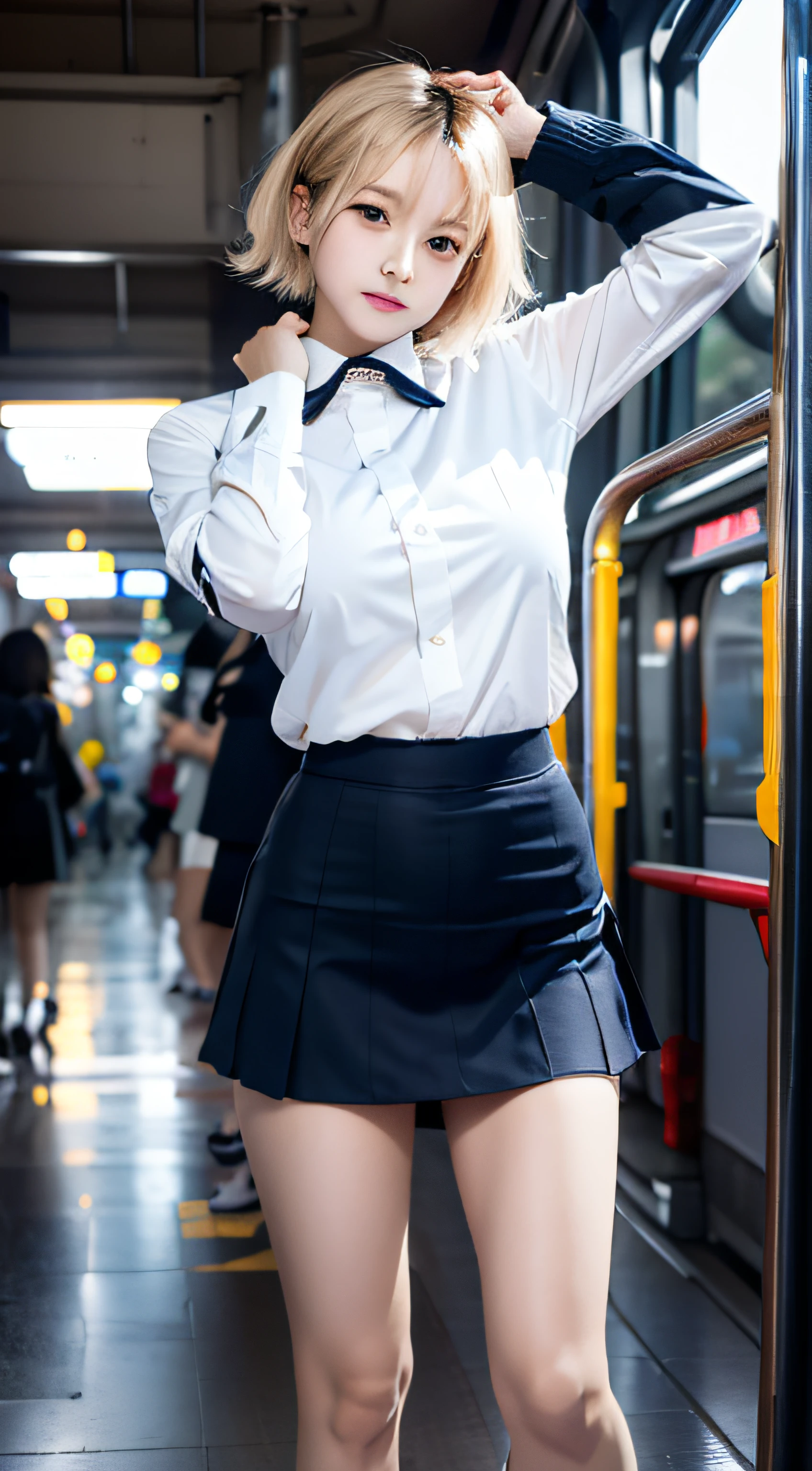 masutepiece, Best Quality, japanaese girl, 8K, Raw photo, top-notch quality, masutepiece, nffsw:1.2, exceptionally detailed RAW color photo, professional-grade photograph, (Realistic, Photorealistic:1.37), (highly detailedskin:1.2), Ultra-high resolution, (lenz 50mm),japanaese girl、a 18 year old girl、Pull Shorthair、blondehair、bangss、Brown-eyed、Perfect figure、Transparency、The sheen、Gloss、discreet breasts、校服、Navy blue ribbon、Light blue shirt、Navy blue skirt、Hikaru、Burning Body、hposing Gravure Idol、on train、Beautiful feet、Strong sunshine、Odious、Rain-drenched body、女優、Gravure idol posing、乃木坂アイドル、韓国アイドル,place one's arms behind one's back,Raise both arms,(Aside)