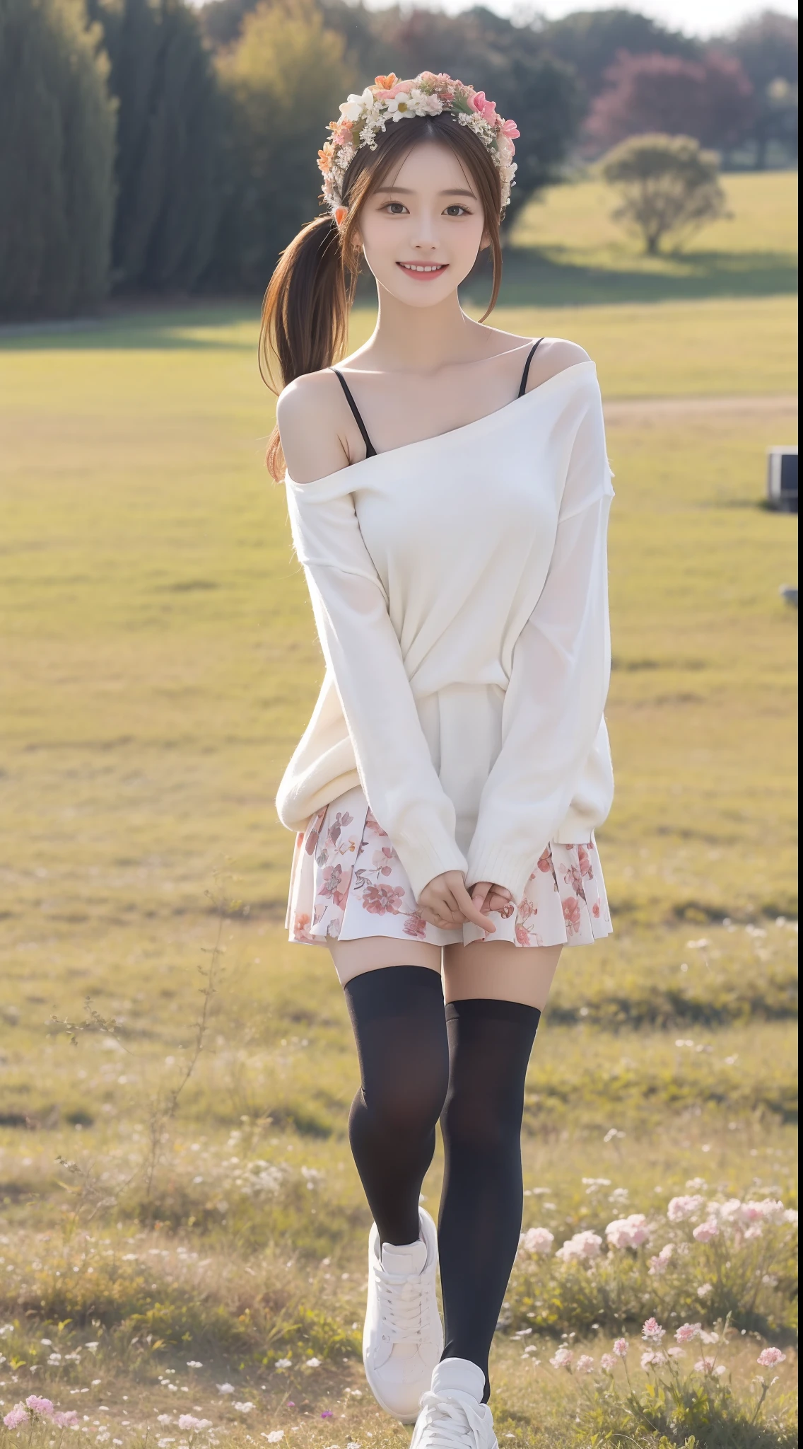 (true to life,Photorealistic 1.5),((best qualtiy, 8K, tmasterpiece:1.3)), (二重まぶた,largeeyes:1.3),(smile1.5),(Full body photo 1.5)(One person 1.5)Clear focus 1.2, Perfect body beauty:1.4 , Delicate skin1.1,(Long brown hair 1.5),(Delicate facial features1.4),(Pure desire 1.3)(Black high socks 1.5)(pony tails,1.5),Black one-shoulder sweater,Lace floral skirt,Wear white gauze on your head,Slender legs,athletic sneakers,Stand on a meadow full of flowers