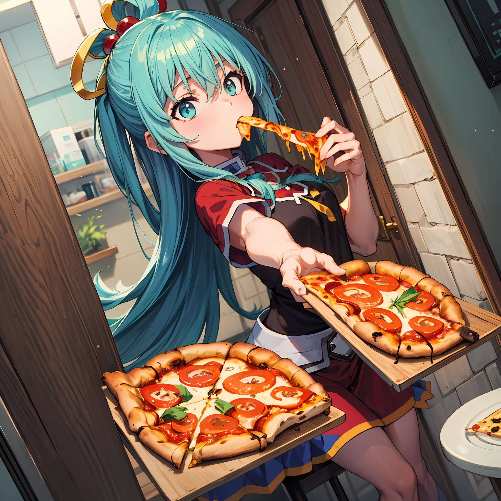 (melhor qualidade: 1.4), anime konosuba, solo, aqua em casa comendo pizza