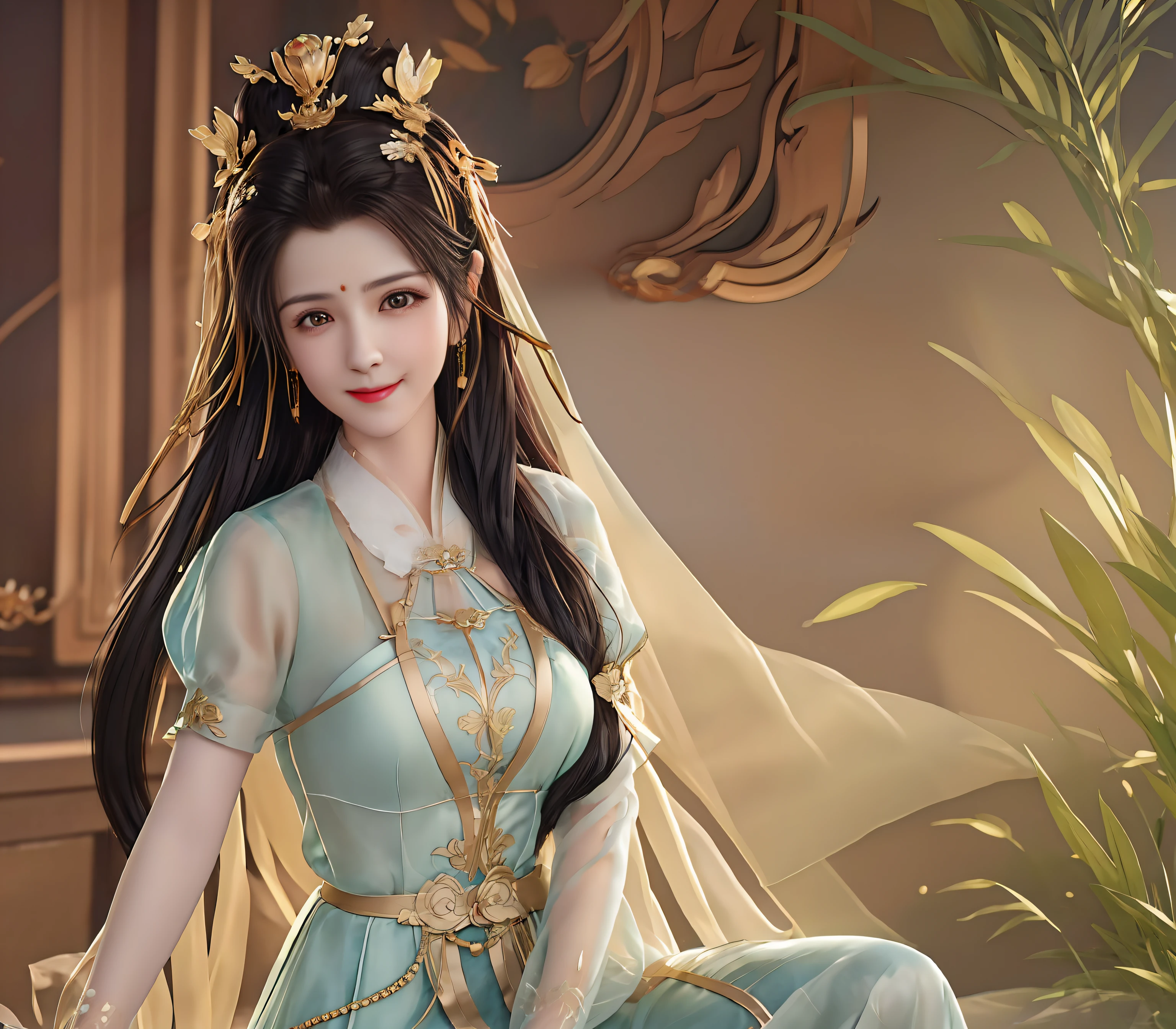 masterpiece,best quality,(8k,RAW photo,best quality,masterpiece:1.2),((best quality)),ultra high res,extremely detailed CG unity 8k wallpaper,physically-based rendering,cinematic lighting, huge breasts, best quality, HDR, beautiful face, lace on body, Tyndall effect, realism, silky long hair, black hair scattered, dark eyes, slender waist, sitting, silk transparent, shiny and silky skin, 3D stereoscopic, masterpiece, best quality, illustration super fine, beautiful eyes, very delicate light, fine glow, very fine 8K, smile