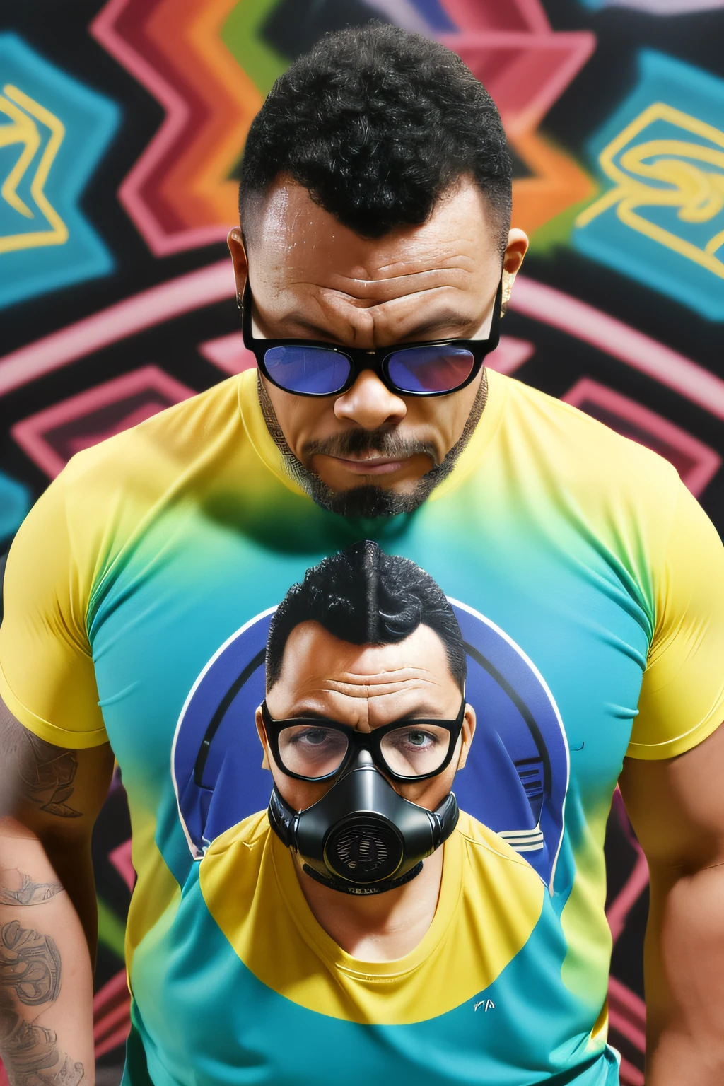 guttonerdjul23, Centrado, isometric, Vector T-shirt art ready to print Highly detailed colorful graffiti illustration of a cyborg adult man, wearing a detailed futuristic gas mask, The face is covered by highly detailed damaged cyberpunk glasses, cor vibrante, High detail, fundo branco, Cores Branco e Preto, usando um capuz, gym body, gotejando cores vibrantes, lightnings, segurando uma espada