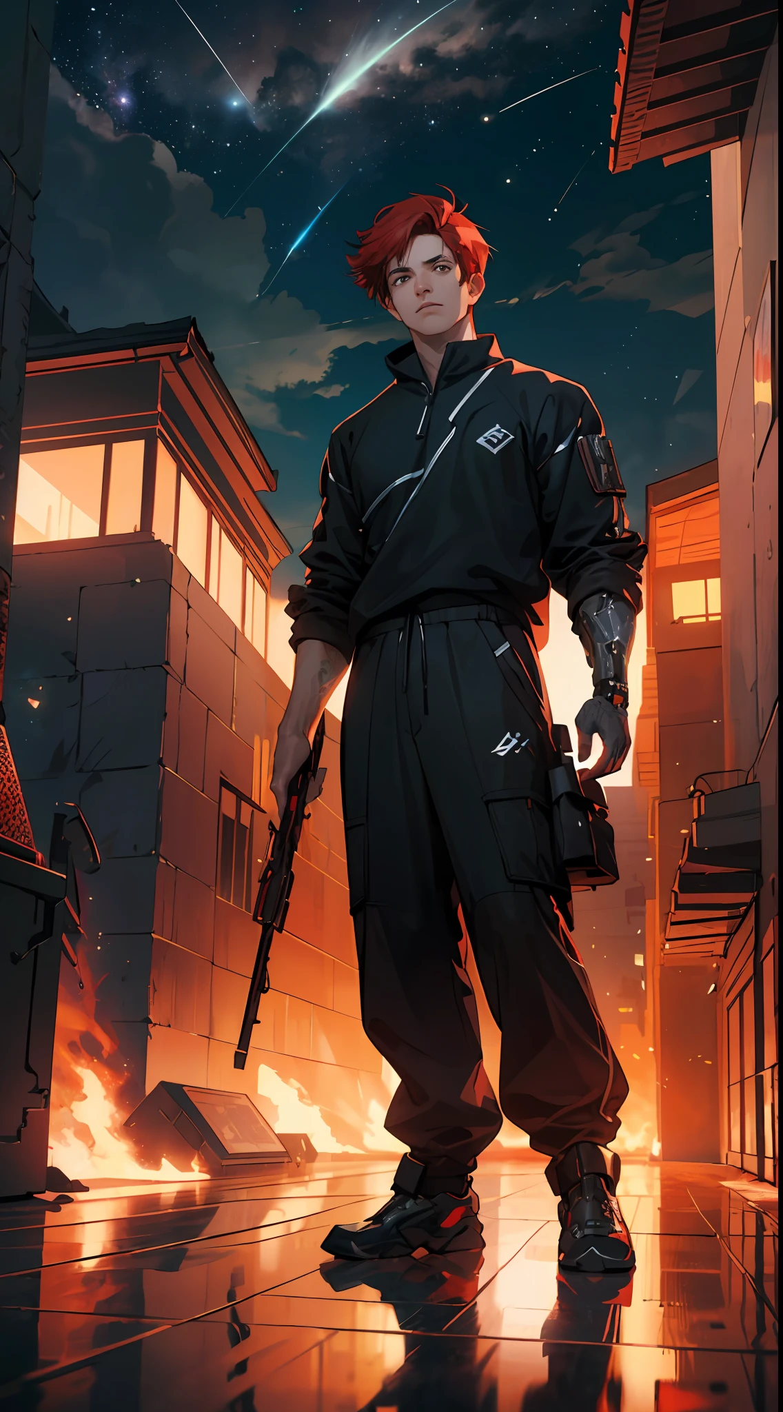 Smoke, (war:1.5), postapocalypse, ((Planets in the sky, stars in thr sky)), ((the night:1.5)), The ruined backdrop of the city, ((spaceship in the sky)), science-fiction, (sports body: 1.4), ((1male)), ( muscular male body), (sly look:1.3), (stands on the roof of the house), (short red hair:1.4), (Brown eyes:1.2), (Detailed eyes and face:1.3), (Cyberpunk clothes), (black clothing:1.3), black sweatshirt, Black pants, (Cyborg's left arm:1.3), (Bottles on the floor), cityFuture, (calm face:1.3), Destroyed skyscrapers, Wire, HDR (High Dynamic Range), ray traced, NVIDIA RTX, Over-resolution, Unreal 5, sub-surface Scattering, текстурирование PBR, postprocessed, Anisotropic filtering, Depth of field, Maximum clarity and sharpness, Multi-layer Textures, Albedo and specular maps, Surface shading,  Accurate Light-Material Interaction Simulation, Octane rendering, duotone lighting, Low ISO, White balance, the rule of thirds, Wide aperture, 8K RAW, efficient sub-pixel, sub-pixel convolution, (luminescent particles: 1.4), {{tmasterpiece, beste-Qualit, extremely detailed CGI, Unity 8k壁纸, 3d, 电影灯光, lens flares}},