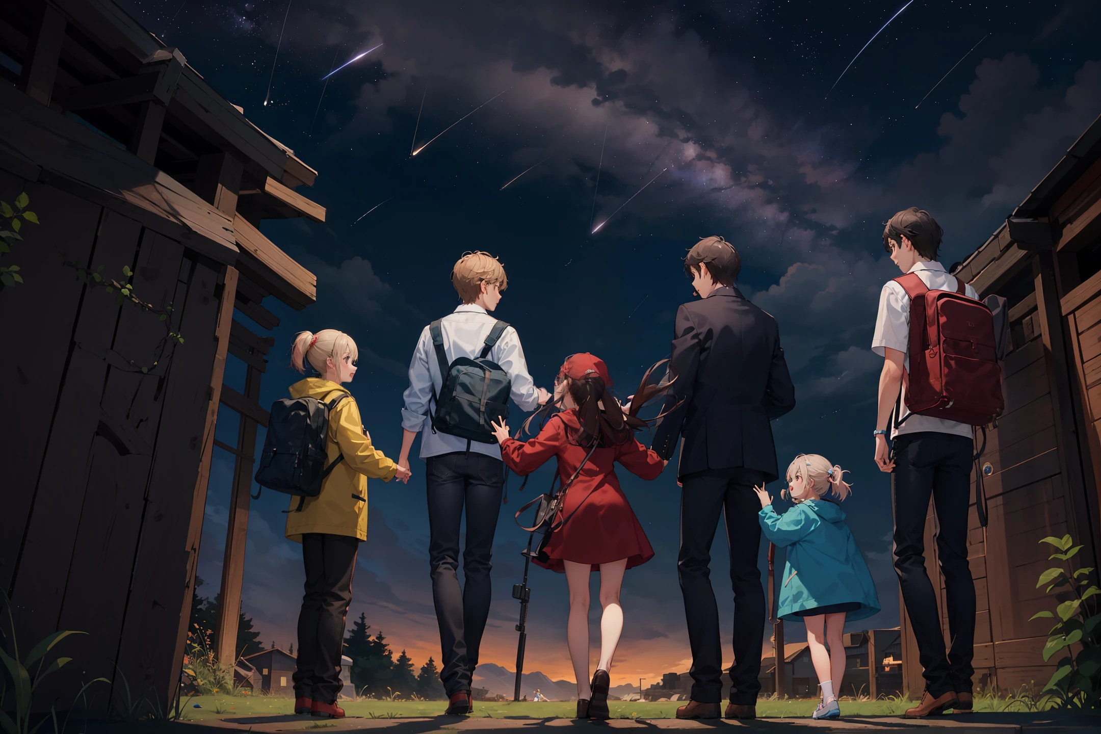 Create an image of 4 children in a grove 2 girls and 2 boys watching the stars and shooting stars passing in the sky