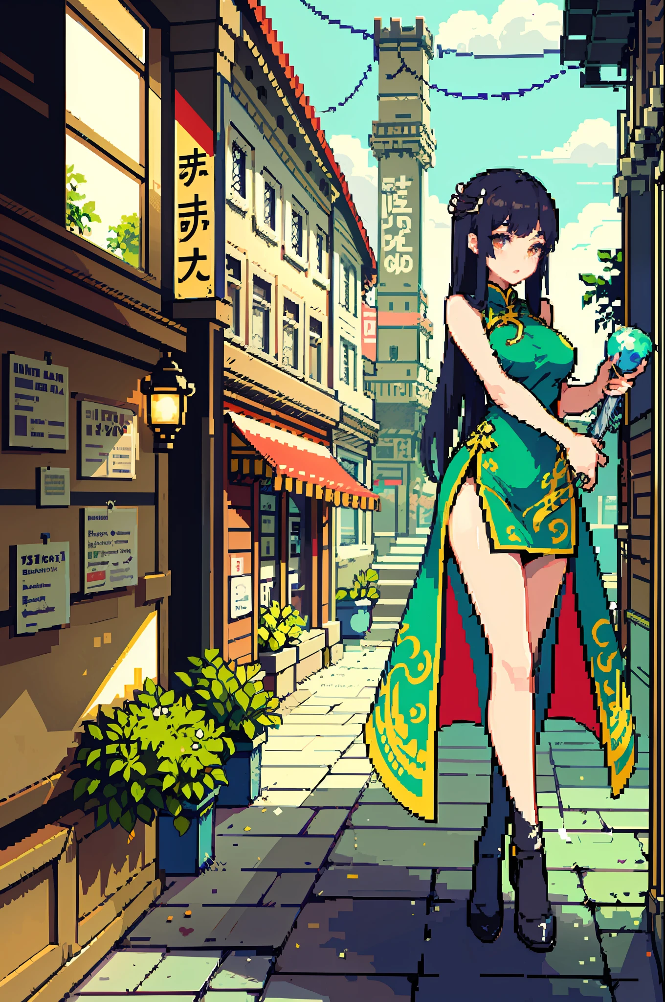 (masterpiece、top-quality、top-quality)、pixels、Pixel art、女の子1人、full bodyesbian、China dress,thighhigh,long slit,