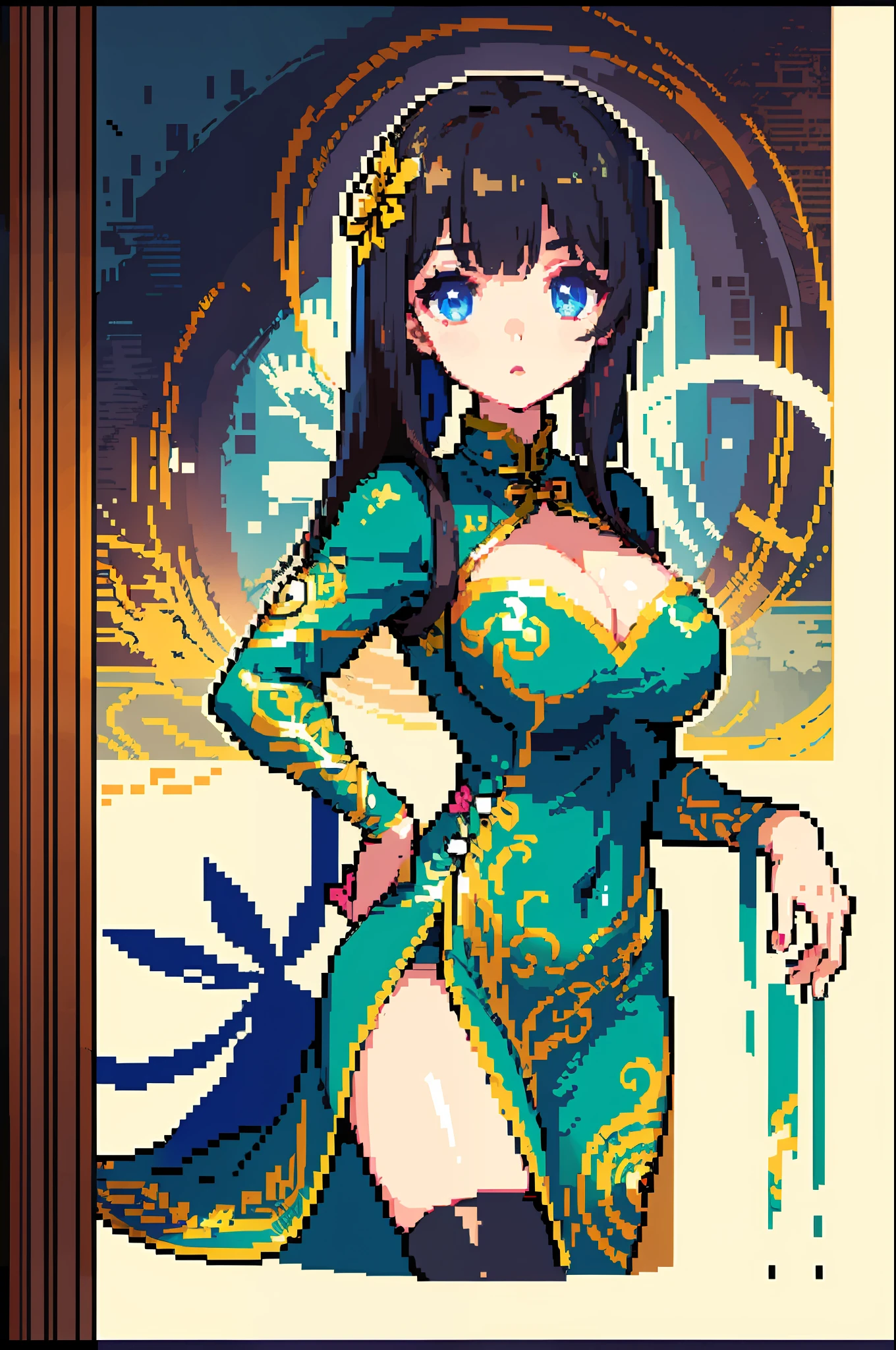 (​masterpiece、top-quality、top-quality)、pixels、Pixel art、女の子1人、full bodyesbian、China dress,thighhigh,long slit,
