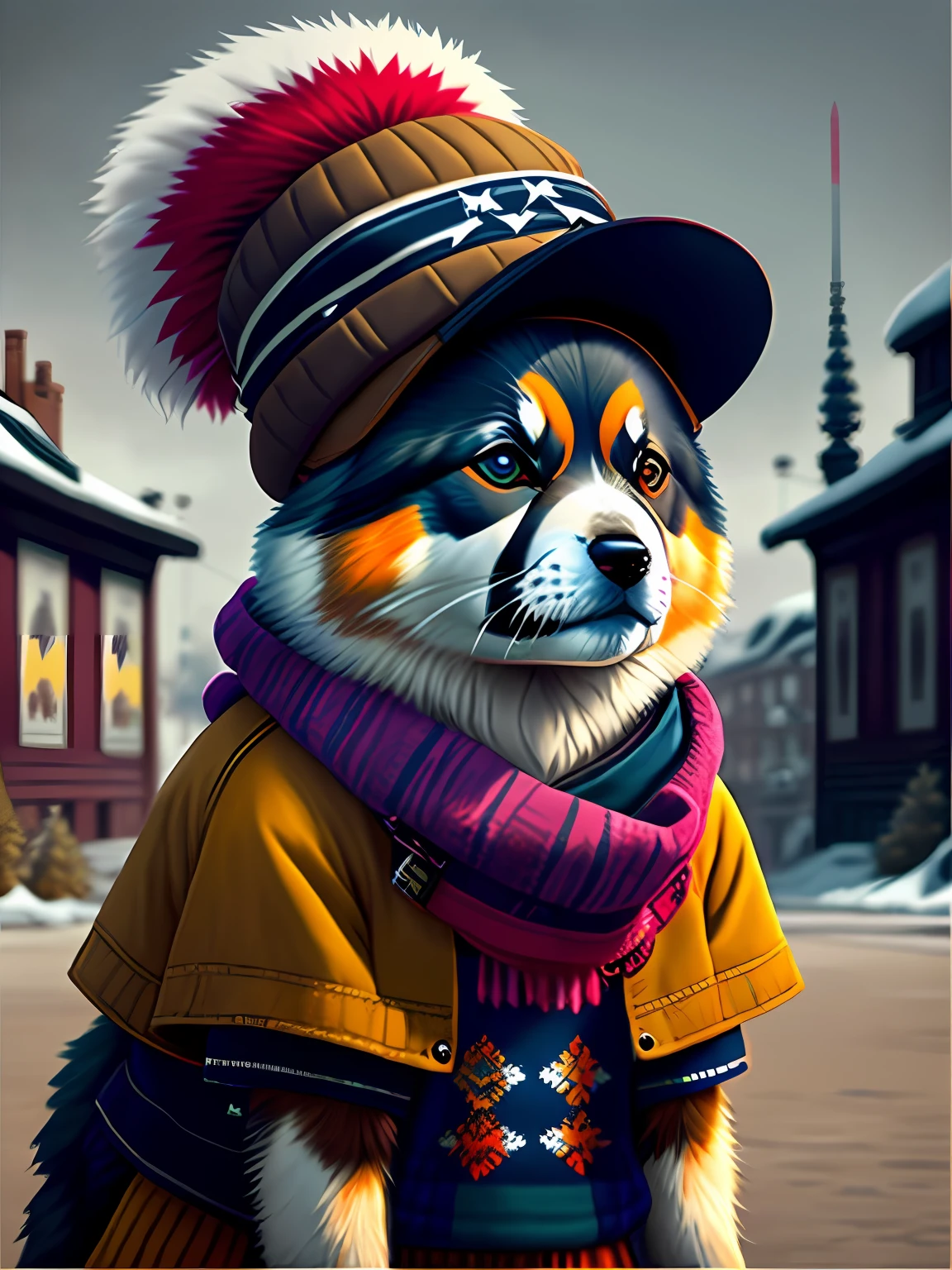 image of cute himalayan shepherd dog with hat and scarf, art season trend, dressed in punk clothes, hyper realistic detailed rendering, british gang member, urban style, intimidating pose, planet of cats, fashion clothes, urban samurai, meow, west slavic traits, 8 1 5