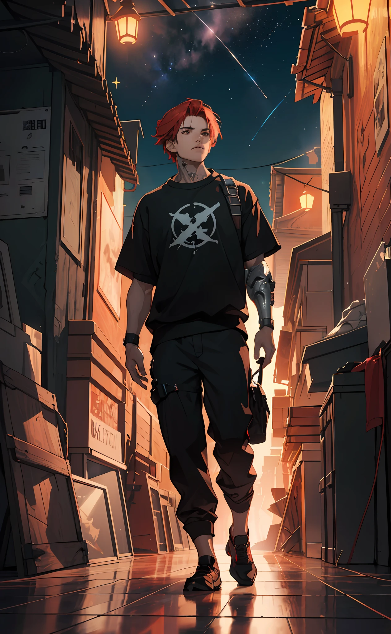 Smoke, (war:1.5), postapocalypse, ((Planets in the sky, stars in thr sky)), ((the night:1.5)), The ruined backdrop of the city, ((spaceship in the sky)), science-fiction, (sports body: 1.4), ((1male)), ( muscular male body), (sly look:1.3), (stands on the roof of the house), (short red hair:1.4), (Brown eyes:1.2), (Detailed eyes and face:1.3), (Cyberpunk clothes), (black clothing:1.3), black sweatshirt, Black pants, (Cyborg's left arm:1.3), (Bottles on the floor), cityFuture, (calm face:1.3), Destroyed skyscrapers, Wire, HDR (High Dynamic Range), ray traced, NVIDIA RTX, Over-resolution, Unreal 5, sub-surface Scattering, текстурирование PBR, postprocessed, Anisotropic filtering, Depth of field, Maximum clarity and sharpness, Multi-layer Textures, Albedo and specular maps, Surface shading,  Accurate Light-Material Interaction Simulation, Octane rendering, duotone lighting, Low ISO, White balance, the rule of thirds, Wide aperture, 8K RAW, efficient sub-pixel, sub-pixel convolution, (luminescent particles: 1.4), {{tmasterpiece, beste-Qualit, extremely detailed CGI, Unity 8k壁纸, 3d, 电影灯光, lens flares}},