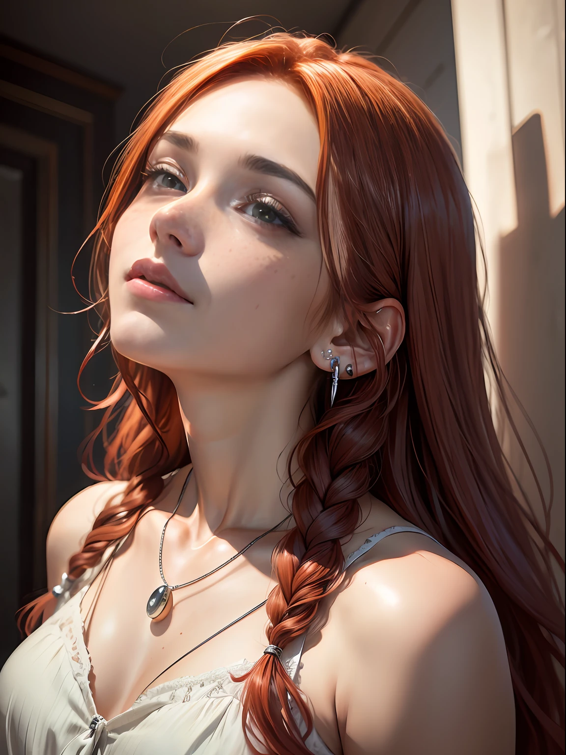 8K, photo in RAW format, topquality),(Epic realism:1.5), A  girl, dynamicpose,erotic face, blouse,(A detailed eye:0.8),(looking up at the camera:1.4), (topquality), (better shadow),intricate detials,Cinematic,((Skin:1.4)),interior, (long loose red hair:1.3),dark studio,(HDR:1.5),Detailed, Muted colors, freckles, Silver Necklace, silver earring, wavy hairstyles